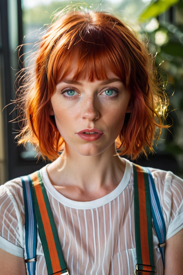 (best quality, masterpiece, beautiful and aesthetic:1.2, colorful, dynamic angle)((Full shot)), (highly detailed illustration), science fiction, extreme detailed, colorful,35mm, bokeh, 9:16, (intricate details, hyperdetailed:1.15), detailed, sunlight passing through hair (high contrast, official art, extreme detailed, highest detailed), 1girl, l3e1o057h-smf, solo, realistic, shirt, blue eyes, looking at viewer, lips, red hair, parted lips, short hair, upper body, striped shirt, white shirt, suspenders, short sleeves, blurry, nose, bangs, orange hair, indoors, blunt bangs, green eyes, blurry background, portrait