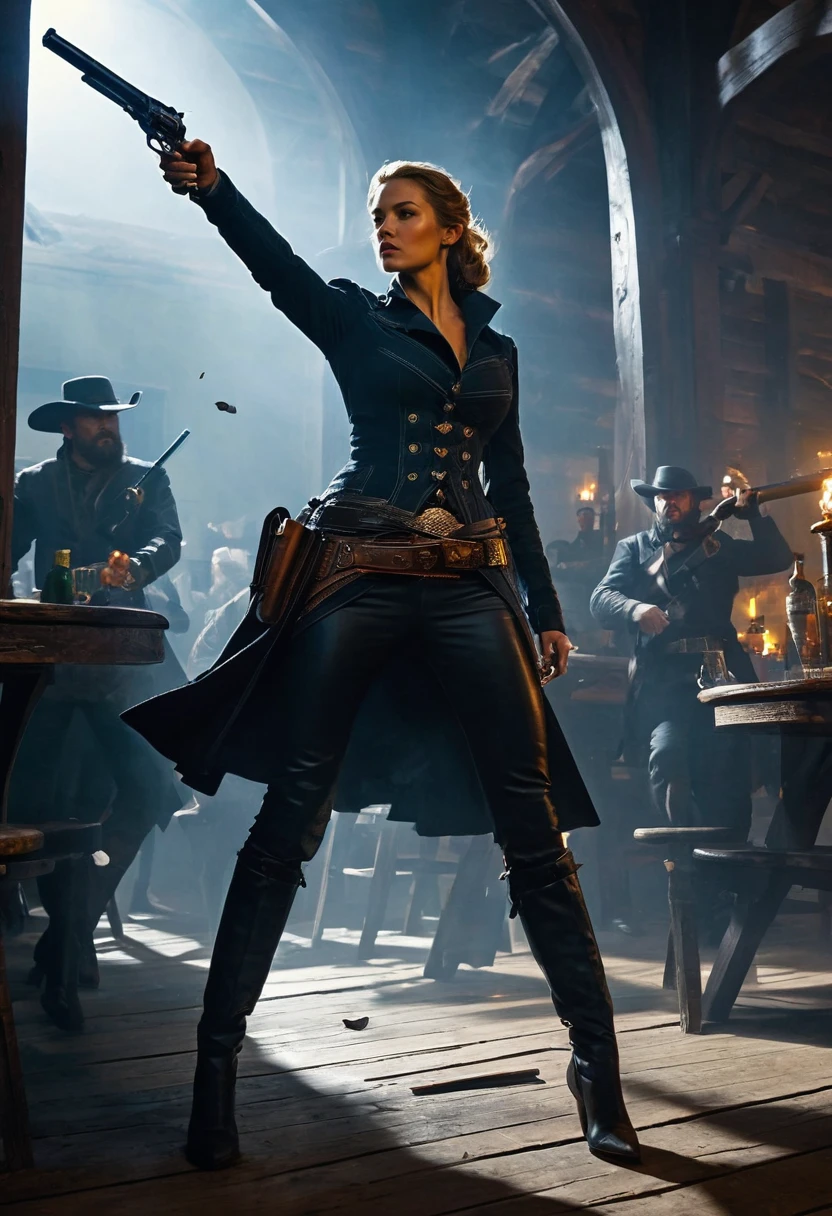 professional, (4k photo:1.1) , (Sharp focus:1.3), high detail, (extremely thin, slender, slim, long legs),
<lora:spotlight:1> dark theme, silhouette, magical lighting, fantasy,
(During the Siege of the Twilight Fortress, a stronghold suspended between day and night, a commander with the ability to manipulate shadows leads her brigade of dusk warriors. They launch a daring assault under the cover of a permanent solar eclipse, battling a legion of light-wielders to control the time-bending powers of the fortress.,Saloon brawl turned gunfight, inside a rowdy Western saloon, a poker game goes wrong, leading to a chaotic gunfight. A gunslinger flips a table for cover, firing his revolver as bottles and chairs fly. The bartender ducks, and patrons scatter. Camera angle captures the action from behind the bar, showing the dynamic movement and wild expressions, filled with action and old Western charm.:1.2)
<lora:greg_rutkowski_xl_2:0.8> greg rutkowski, , (expressionism, impressionism, broad brush strokes:1.4)