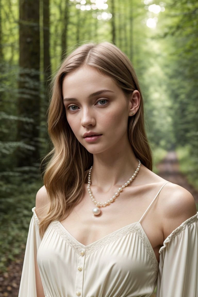 European woman, closeup, (shirt), pants, (bridge in the woods), pearl necklace , ZM_whitney , wide shoulders, perfect face, (contact iris: 1.1), pale skin, skin pores , depth of field