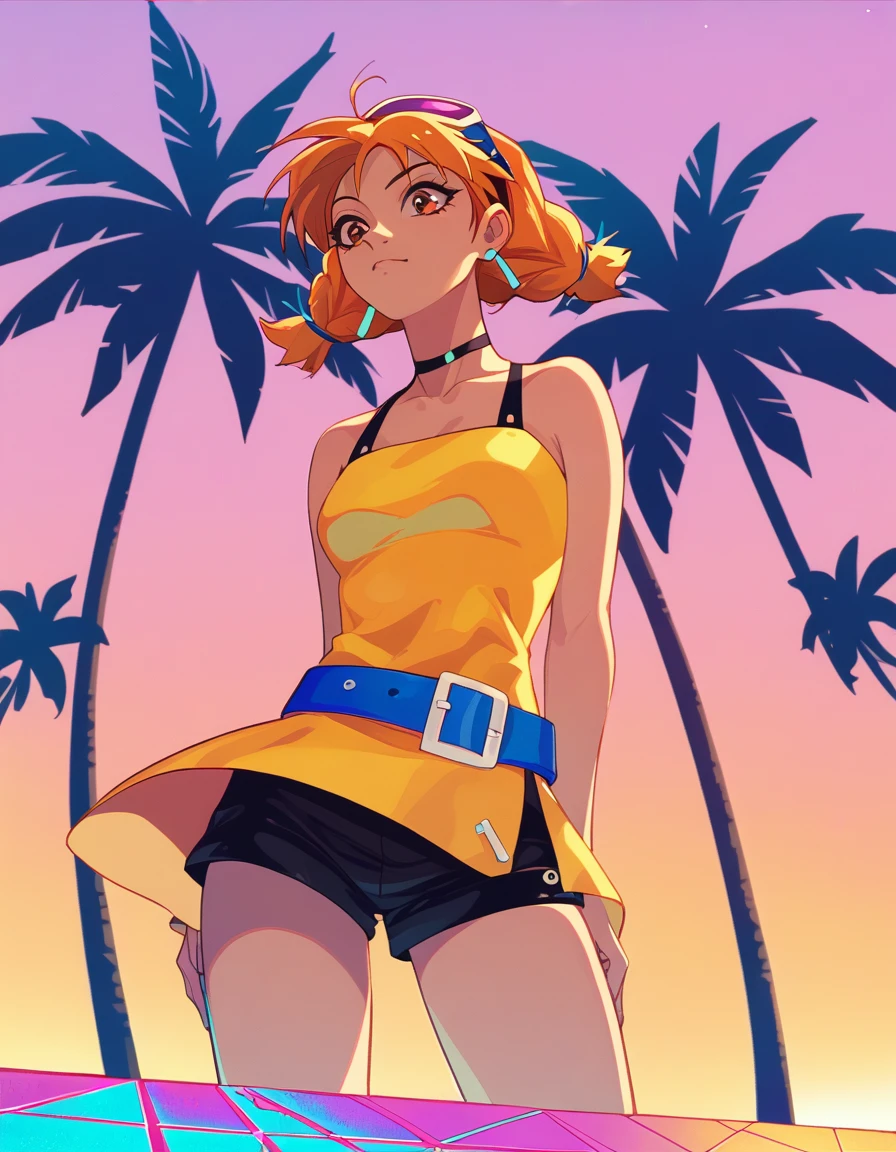 score_9,  score_8_up, score_7_up <lora:aika-arcadia-ponyxl-000035:1> aika, short dress, yellow dress, blue belt, short shorts, black shorts,
vaporwave style, palm trees, sunset