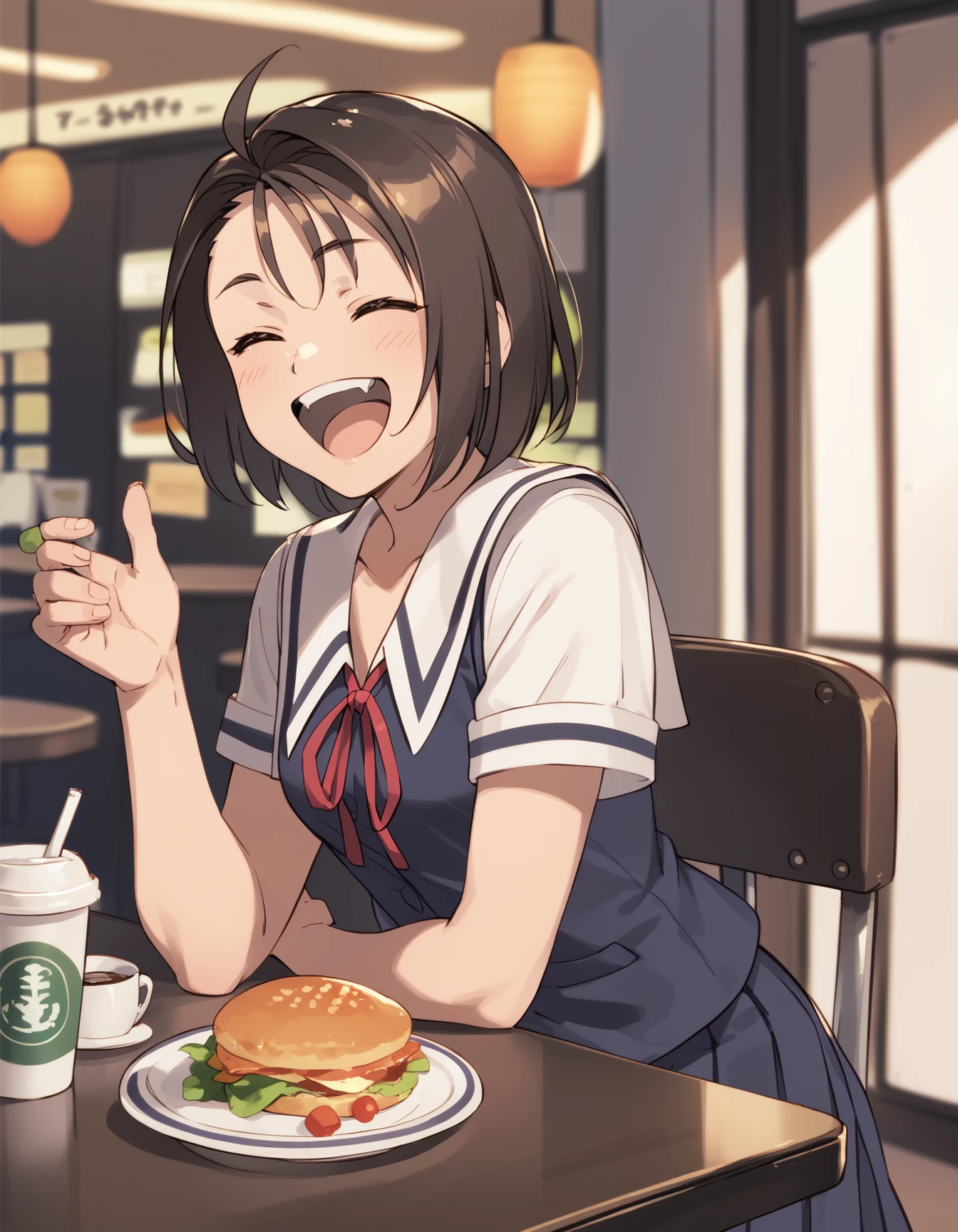 score_9, score_8_up, score_7_up <lora:kazama-akira-ponyxl-000013:1> rskzm, serafuku, blue vest,
laughing, cafe