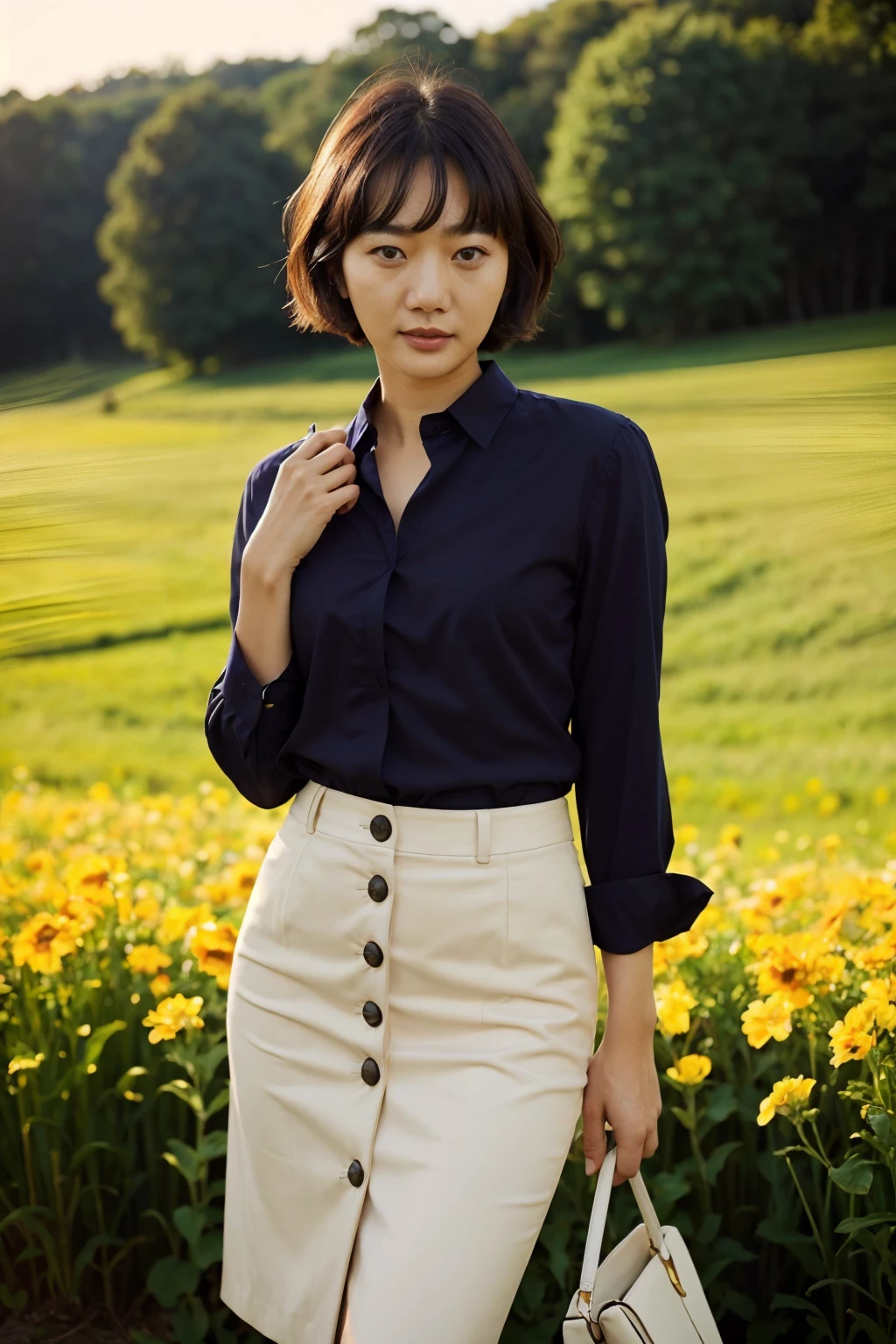 ((seductive pose)), (dynamic angle), (outdoors, in a field of flowers)
A photograph of (1girl, 35 years old, seductive smile), <lora:ZH_BaeDoona_v1:1>, zh_baedoona, solo, realistic, black eyes, black hair, looking at viewer, wearing (wearing button shirt, and pencil skirt)