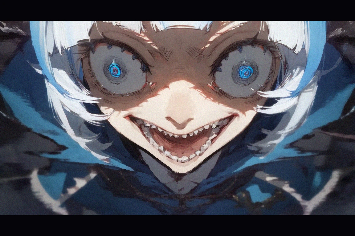 <lora:insanity-angle:1>, score_9, score_8_up, score_7_up, insanity-angle, 1girl, letterboxed, gawr gura, gawr gura \(1st costume\), white hair, blunt bangs, blue eyes, streaked hair, blue hair, blue hoodie, crazy eyes,
