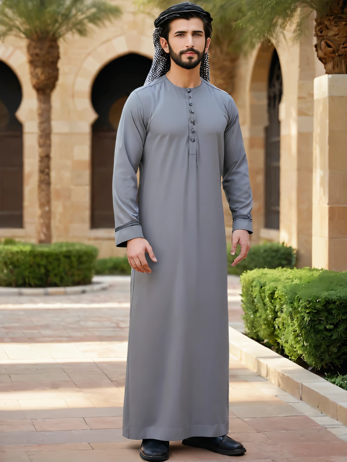(masterpiece:1.3),(best quality:1.2),highres,sharp,photorealistic,realistic,UHD,
1boy,facial hair,beard,standing,(ghutra:1.2),black footwear,<lora:arab robe2:1>,park,thobe,arabian,