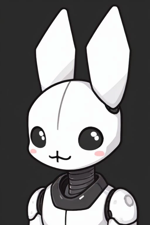 Robot, humanoid robot, robot joints, White rabbit, White body, black eyes, tight-fitting suit, smile, look at the vewer, alone, cute, anime style, say hello, close up view.