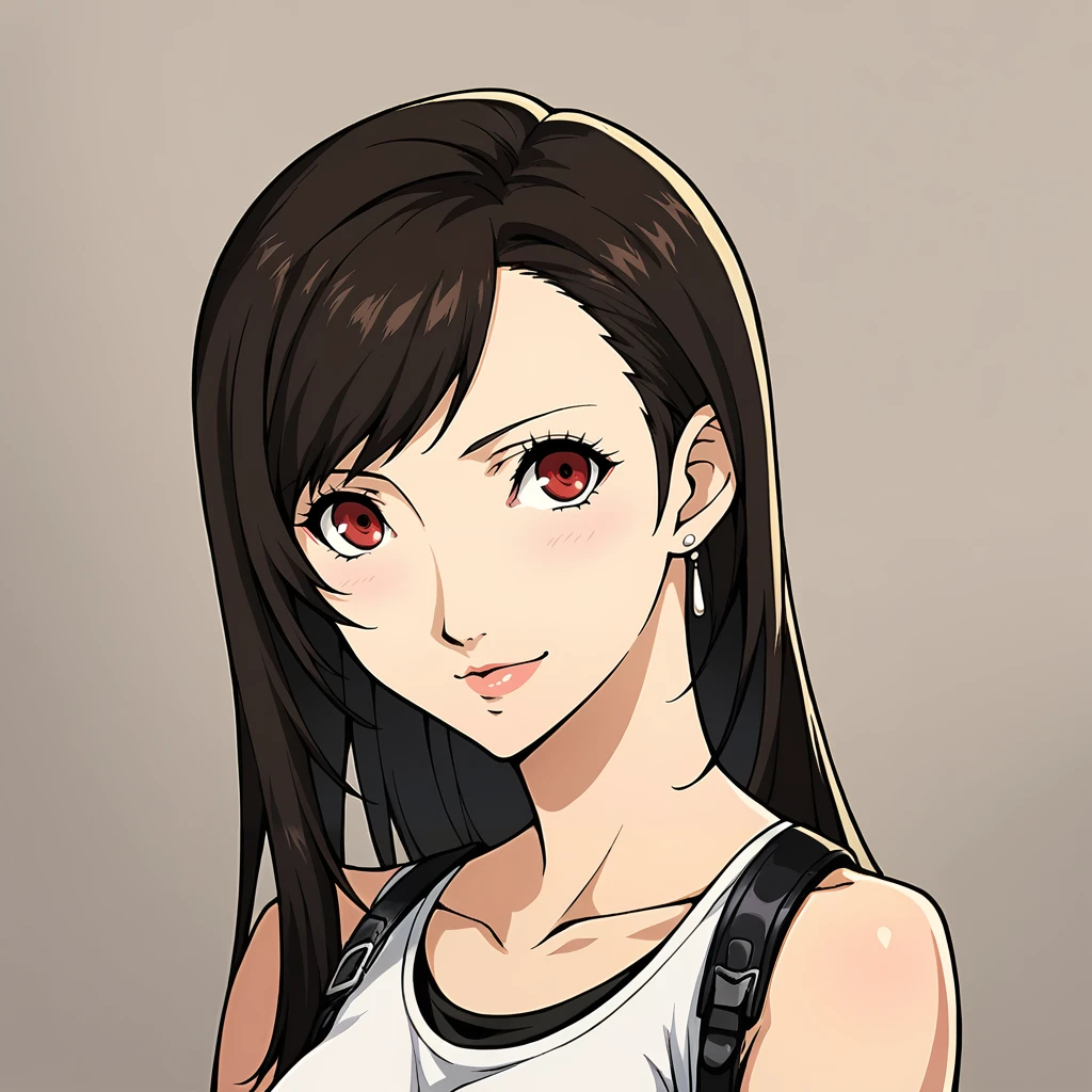 Score_9, score_8_up, score_7_up, source_anime, looking at viewer, cowboy shot, upper body, portrait,masterpiece, best quality,1girl,beautiful,  BREAK, tifa lockhart, persona BREAK, <lora:Persona_5_Portrait_Style_Pony_upscaled:1>