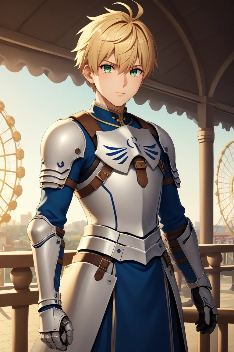 score_9, score_8_up, score_7_up, source_anime, rating_safe, , (3d:0.4), looking at viewer, , 1boy, solo, male focus, <lora:arthur_pendragon_fate_pony:0.76>, arthur_pendragon_fate, blonde hair, green eyes, short hair, ahoge, hair between eyes, bangs, armor, breastplate, gauntlets, pauldrons, , wide angle, wide shot, cowboy shot, amusement park, carousel, ferris wheel, indoors, twisted torso, tearing up, , <lora:sdxl_lightning_8step_lora:1>