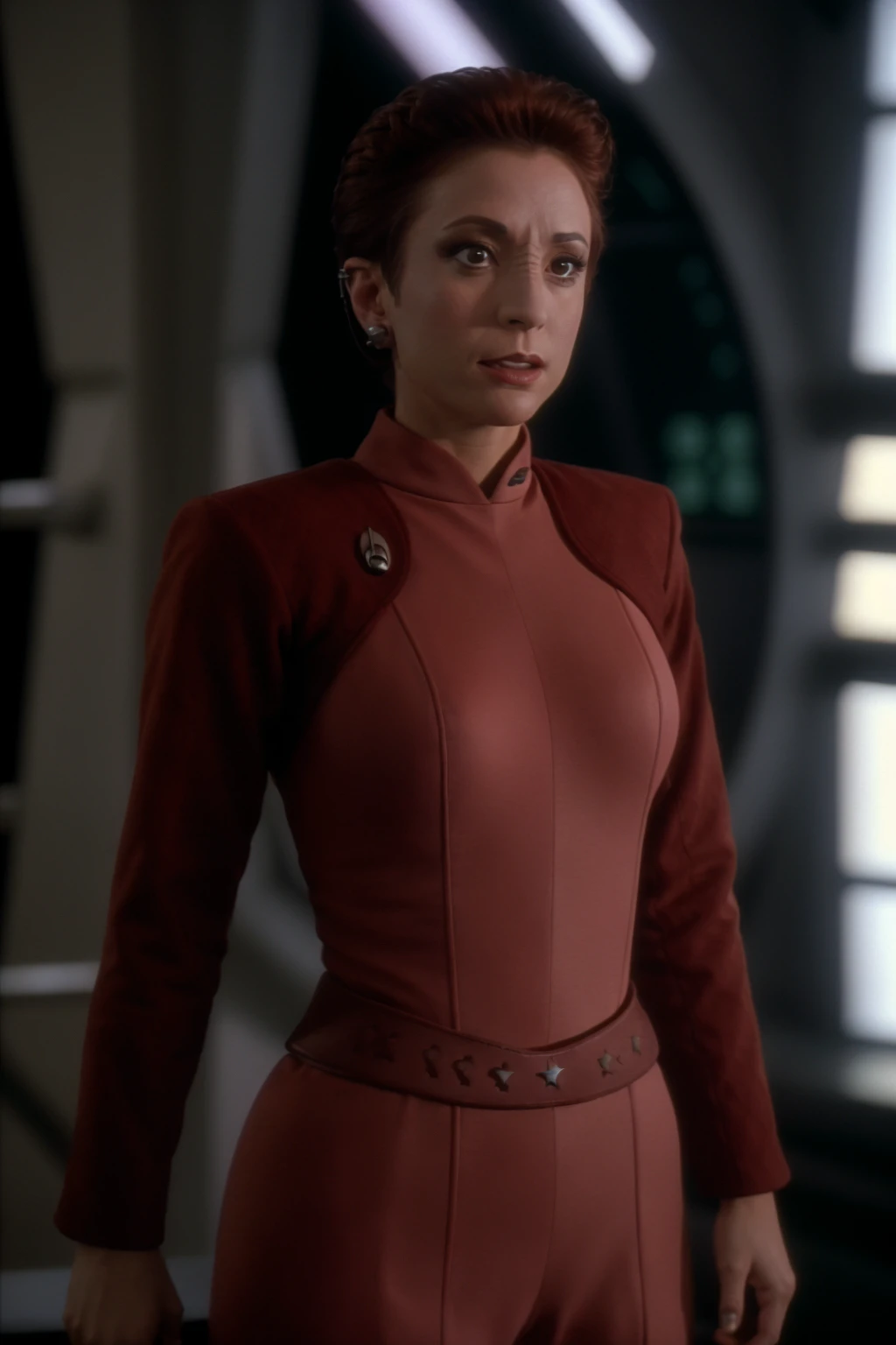 portrait of a woman, kiranerys, ds9background, dslr, raw photo,  tack sharp focus, ultra realistic, 8k,high quality, wearing a reduniform <lora:kiranerys:0.9>