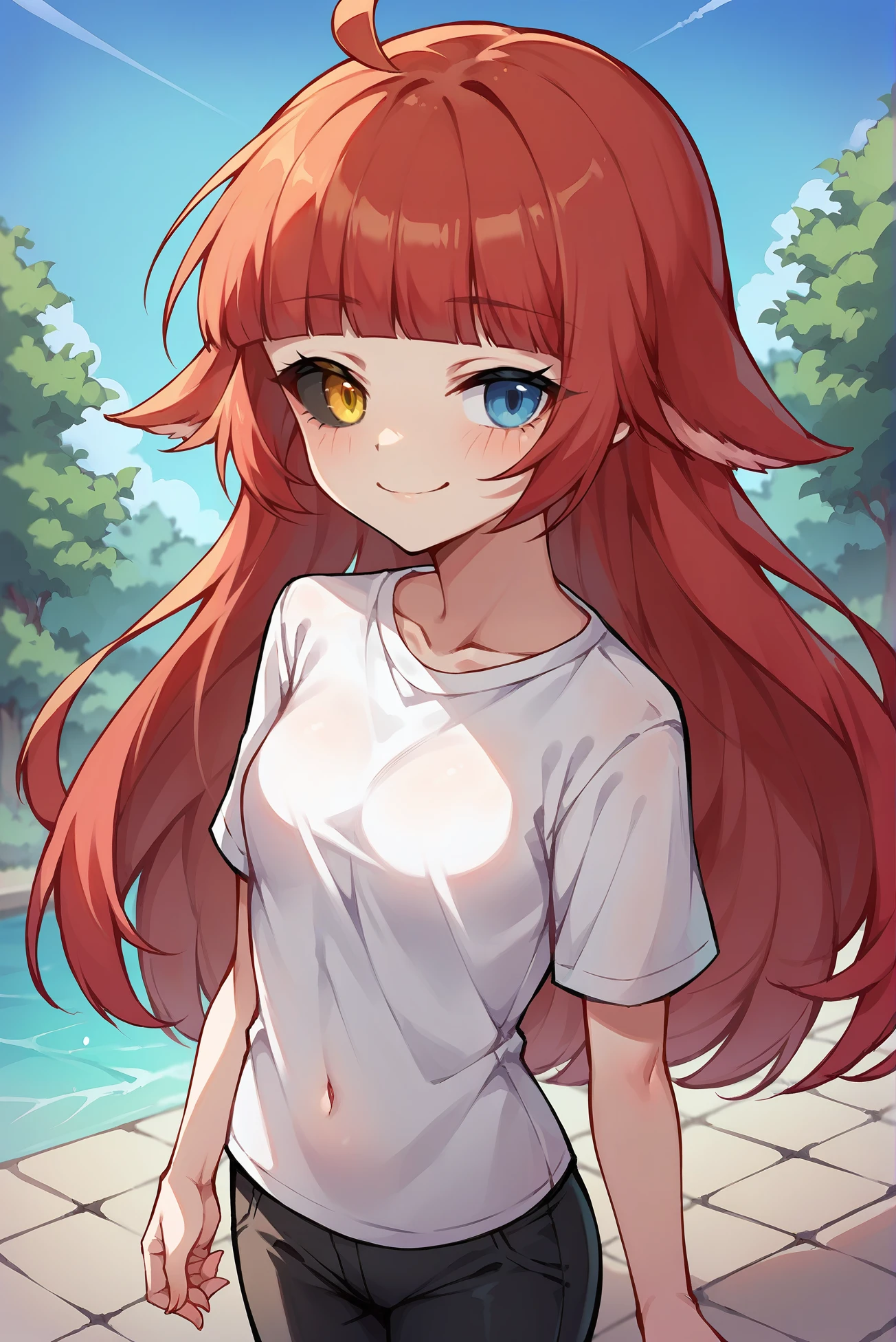 score_9,score_8_up,score_7_up,score_6_up, source anime, 1girl, slender, solo, ms kaling, <lora:KalingXL_V1:0.8>, (smile), (heterochromia, yellow eyes, blue eyes, colored sclera, long hair, red hair, small breasts, ahoge), (white shirt, black pants:1.4), (looking at viewer, cowboy shot, from above:1.2), outdoors, day, sky, (anime coloring, blunt bangs:1.4)