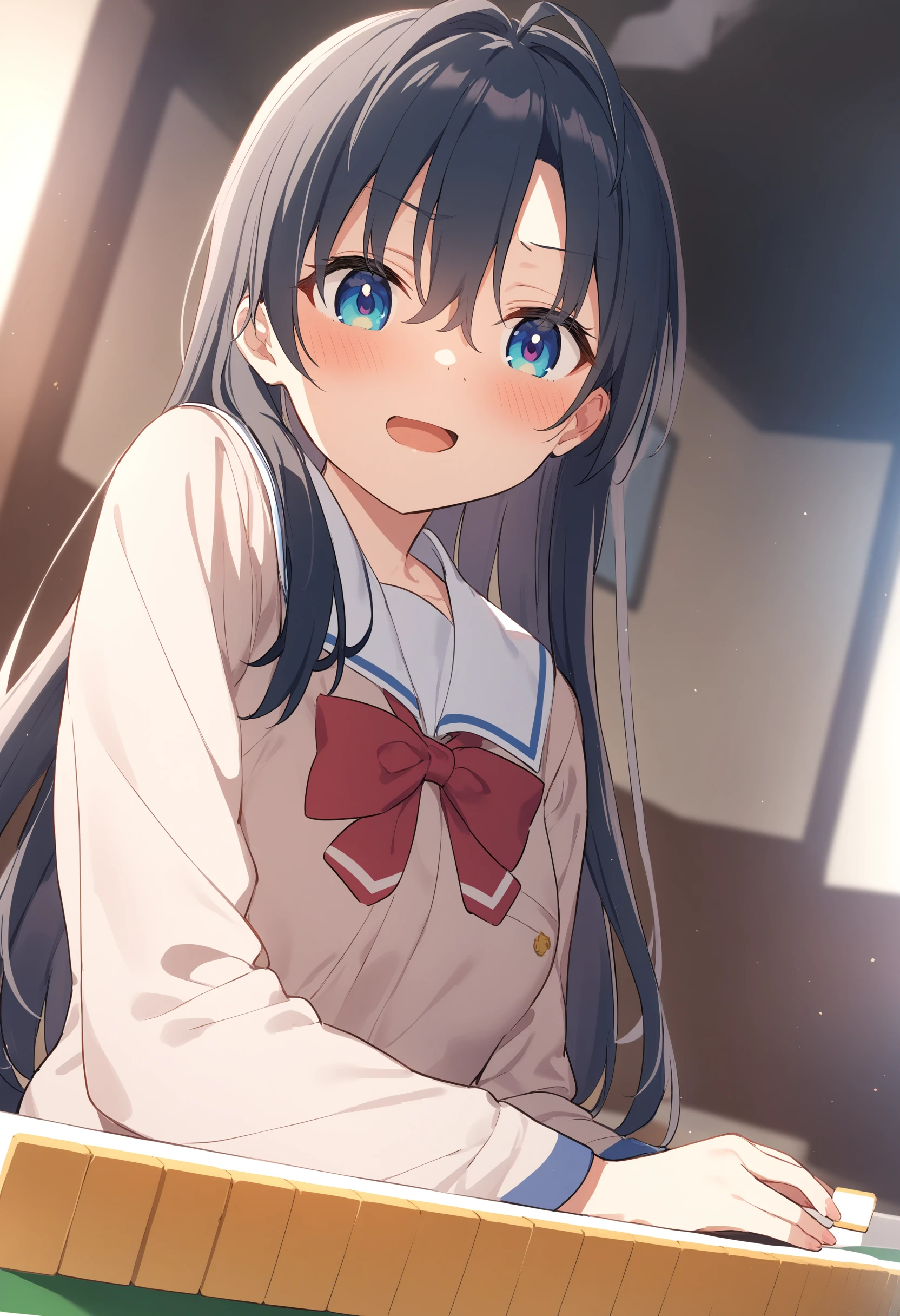 1girl,sincos, ningen mame, toosaka asagi,solo,medium breasts,school uniform,
mahjong, mahjong tile, mahjong table, board game, playing games,<lora:mahjong_XL_v1:1.0>
dutch angle, portrait, looking back, seductive grin smug, open mouth,black hair, silver eyes,
best quality, very aesthetic, absurdres,