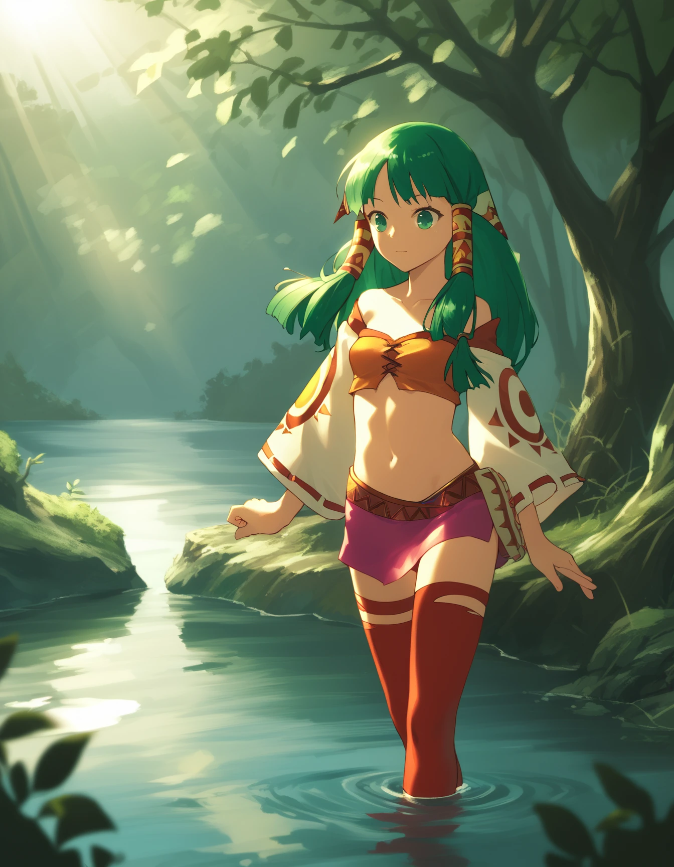 score_9,  score_8_up, score_7_up <lora:feena-ponyxl-000040:1> feena, green hair, hair tubes, wide sleeves, bandeau, microskirt, red legwear,
1girl, solo, close-up, tree, scenery, sunlight, nature, outdoors, light rays, water, standing, sunbeam, day, overgrown, reflection, wading, dappled sunlight