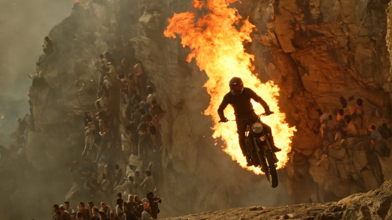 cinematic Film Still action shot a immolation stuntman jumping a motorcycle over a cliff <lora:immolation-lightWeight:1>, crowd cheering