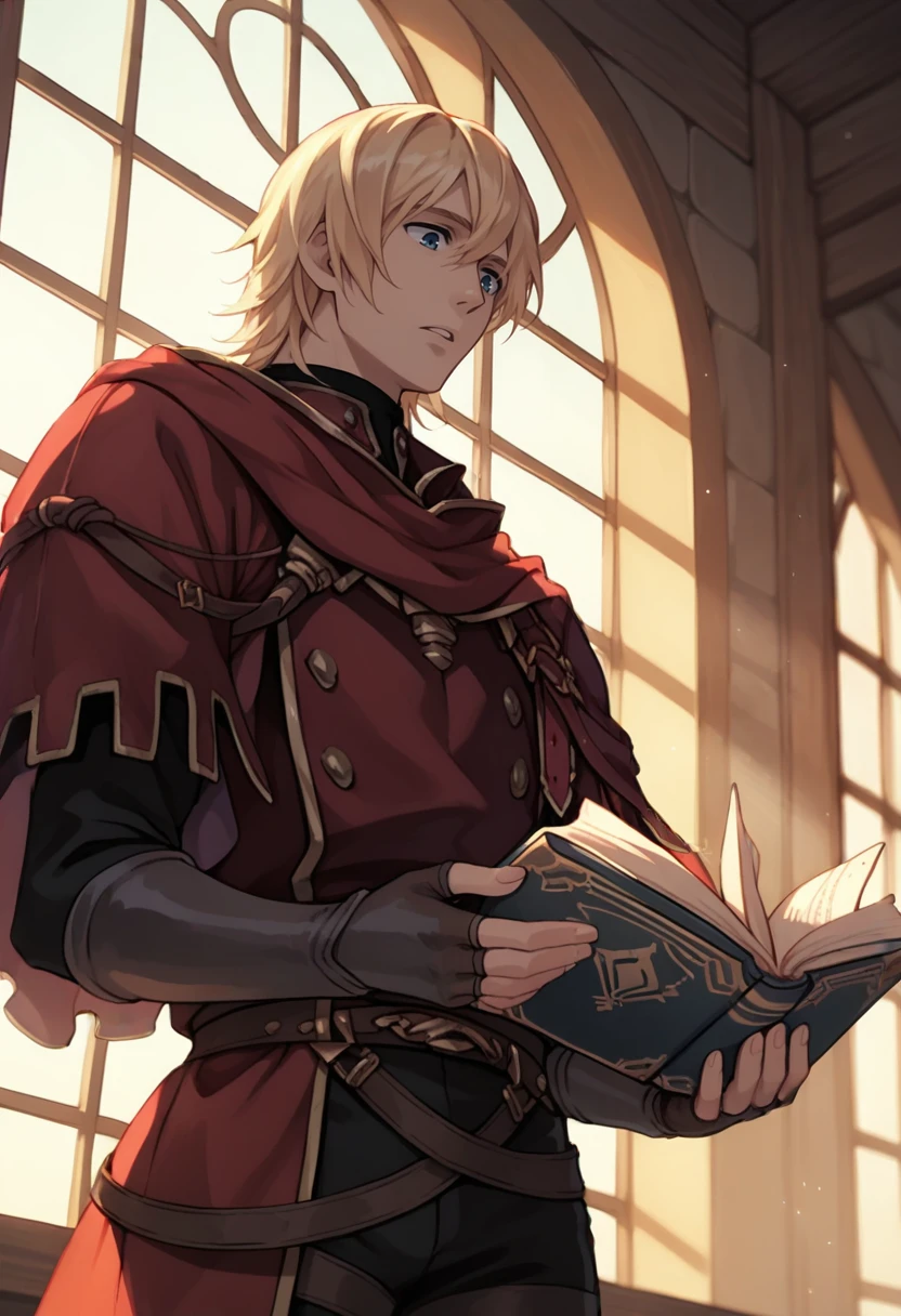 score_9, score_8_up, score_7_up, source_anime, 1boy, solo, looking down, parted lips, holding book, open book, <lora:StockeRH-pdxl:1> stockeRH, red capelet, fingerless gloves, belt, pants, indoors, medieval, window, sunlight