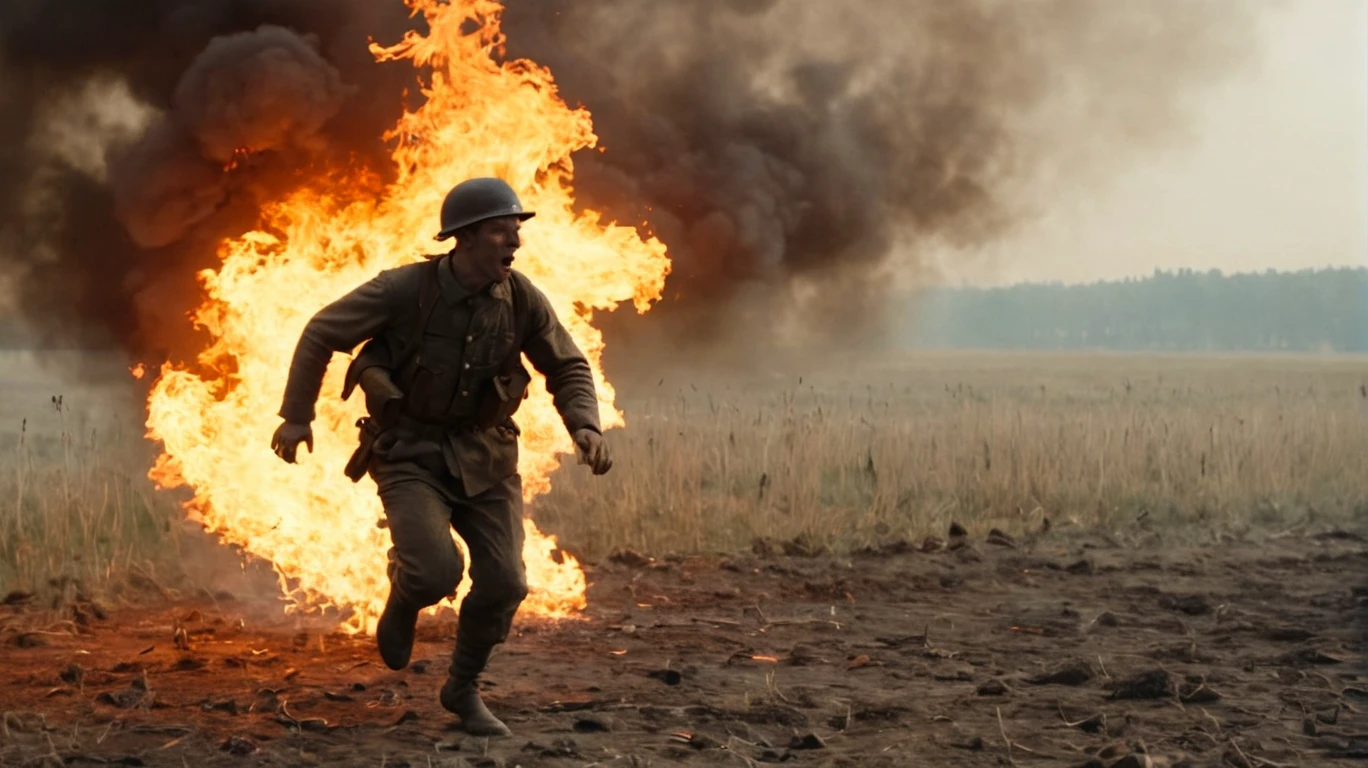 cinematic Film Still action shot a burning  immolation man soldier running on a ww1 battlefield  <lora:immolation-lightWeight:1>, seen from the side,