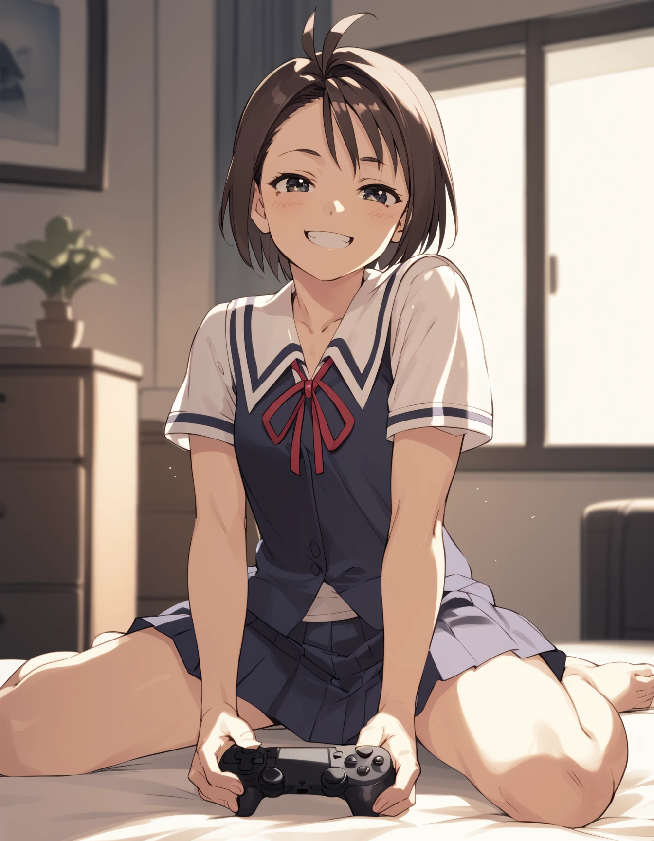 score_9,  score_8_up, score_7_up <lora:kazama-akira-ponyxl-000013:1> rskzm, serafuku, blue vest,
1girl, solo, playstation, happy, indoors, bedroom
