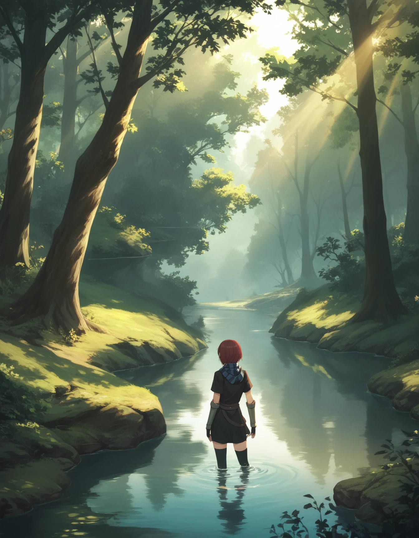 score_9,  score_8_up, score_7_up <lora:nel-zelpher-ponyxl:1> nel zelpher, black dress, short dress, striped scarf, vambraces, fingerless gloves, black thighhighs,
tree, scenery, sunlight, nature, outdoors, forest, light rays, water, standing, sunbeam, day, overgrown, reflection, wading, dappled sunlight