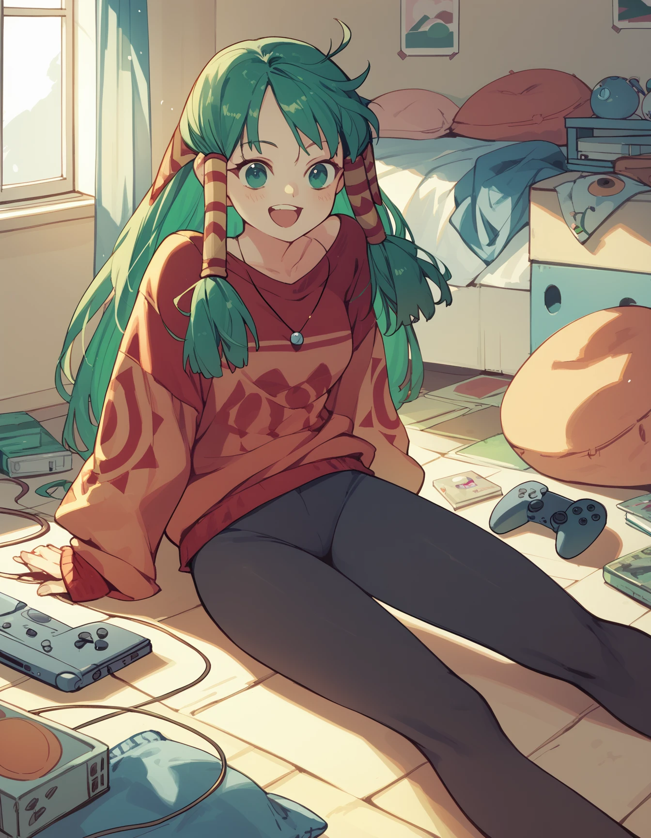 score_9, score_8_up, score_7_up <lora:feena-ponyxl-000040:1> feena, green hair, hair tubes, sweater, leggings,
1girl, solo, playstation, happy, indoors, messy room