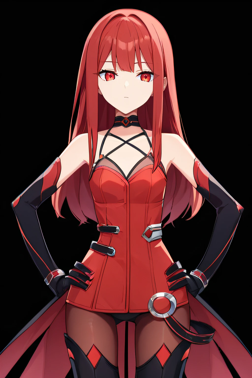 score_9, score_8_up, score_7_up, source_anime, rating_safe, intricate details, anime screencap, official style, <lora:Crimson_Avenger:1>, Elesis, red hair, long hair, red eyes, thighhighs, gloves, choker, collarbone, bare shoulders, red vest, black elbow gloves, thigh boots, pantyhose, looking at viewer, cowboy shot, simple background, standing, black background, expressionless, hands on hips