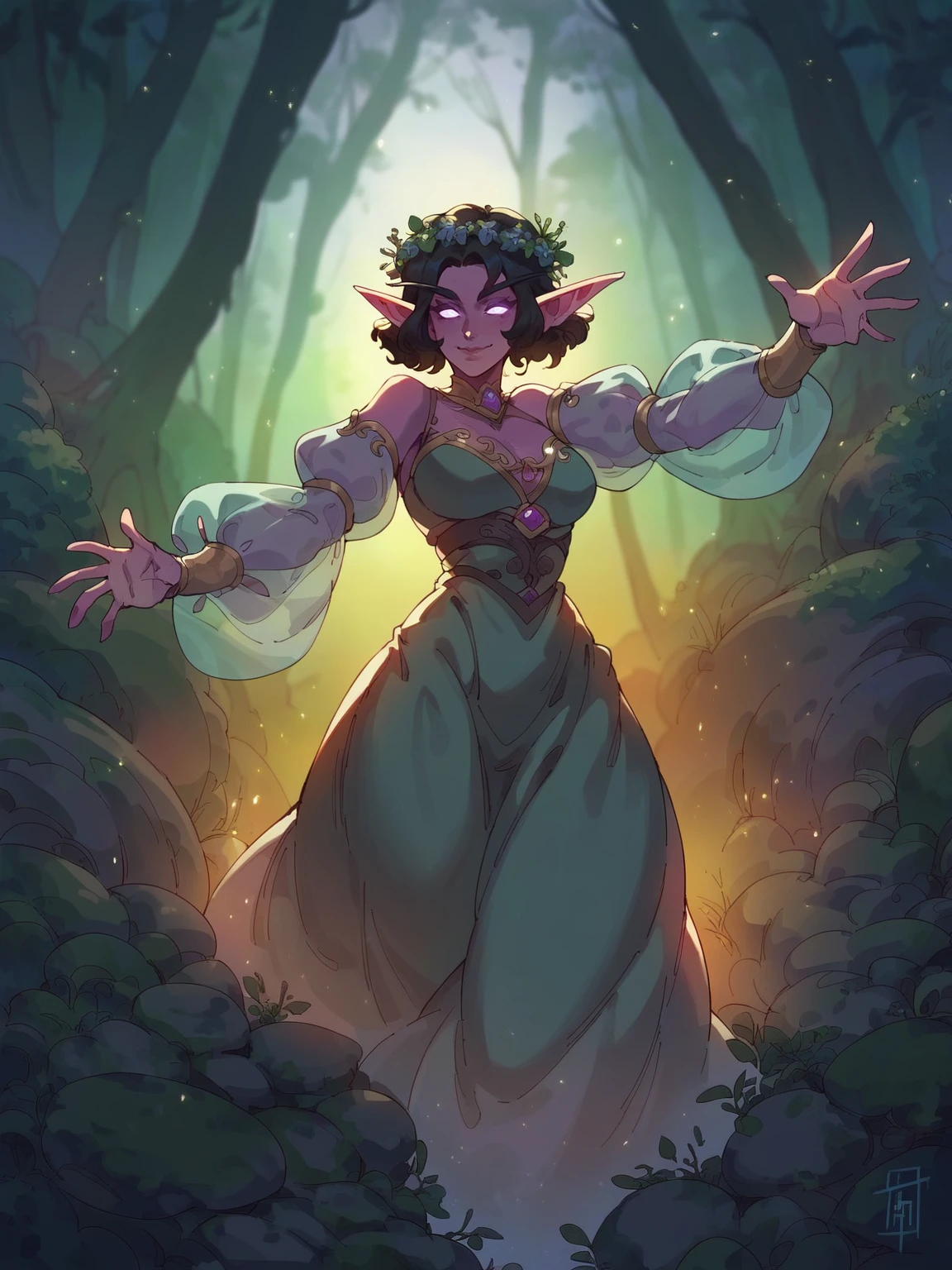 score_8_up, score_7_up, beautiful night elf reaching towards viewer, light smile, black hair, purple skin, glowing eyes, ornate cyan dress with puffy sleeves, see-through sleeves, head wreath, particles, dark forest, night, fog, fantasy, <lora:sxz-bqt-smol-pdxl:0.8> bqt style