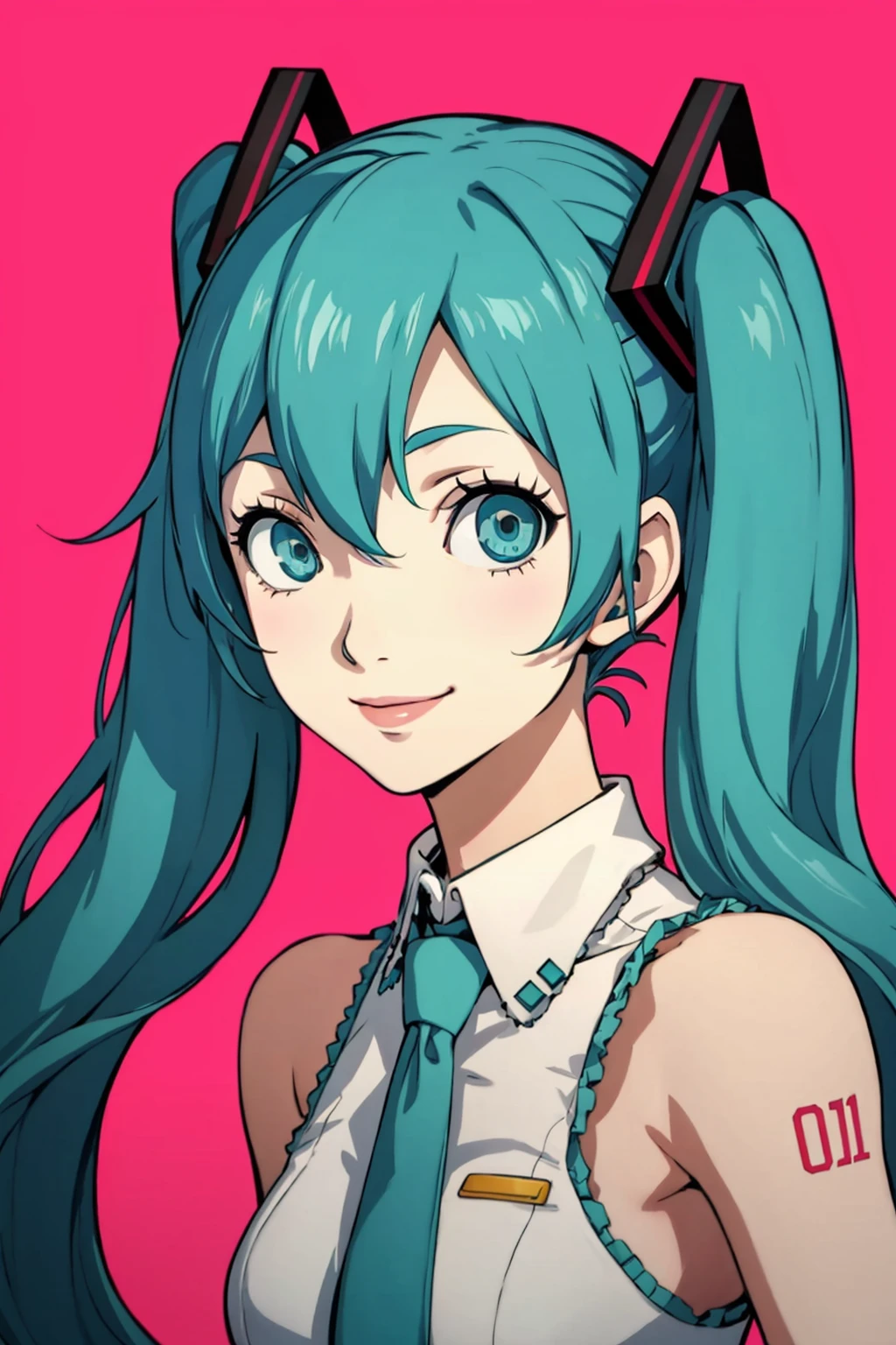 masterpiece, best quality, solo, 1girl, smile, looking at viewer,  <lora:P5-Protraits_Fp:0.8>, simple background, portrait, hatsune miku,