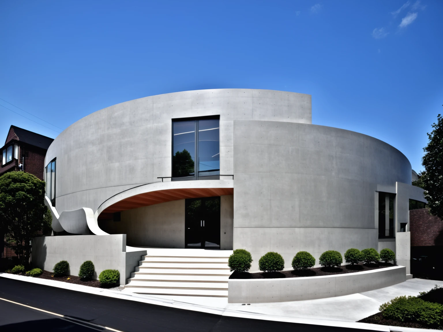 <lora:JJsConcreteArchitecture_XL:1>, ((Concrete Architecture)), , ((masterpiece)), ((best quality)), real world location, realistic, high detailed, (outdoor) , dramatic lighting, no human, ((full building)), curvy wall, road, window, day time, canopy, stair,door,
center composition,paving, sidewalk, bush, perspective, handrail,
