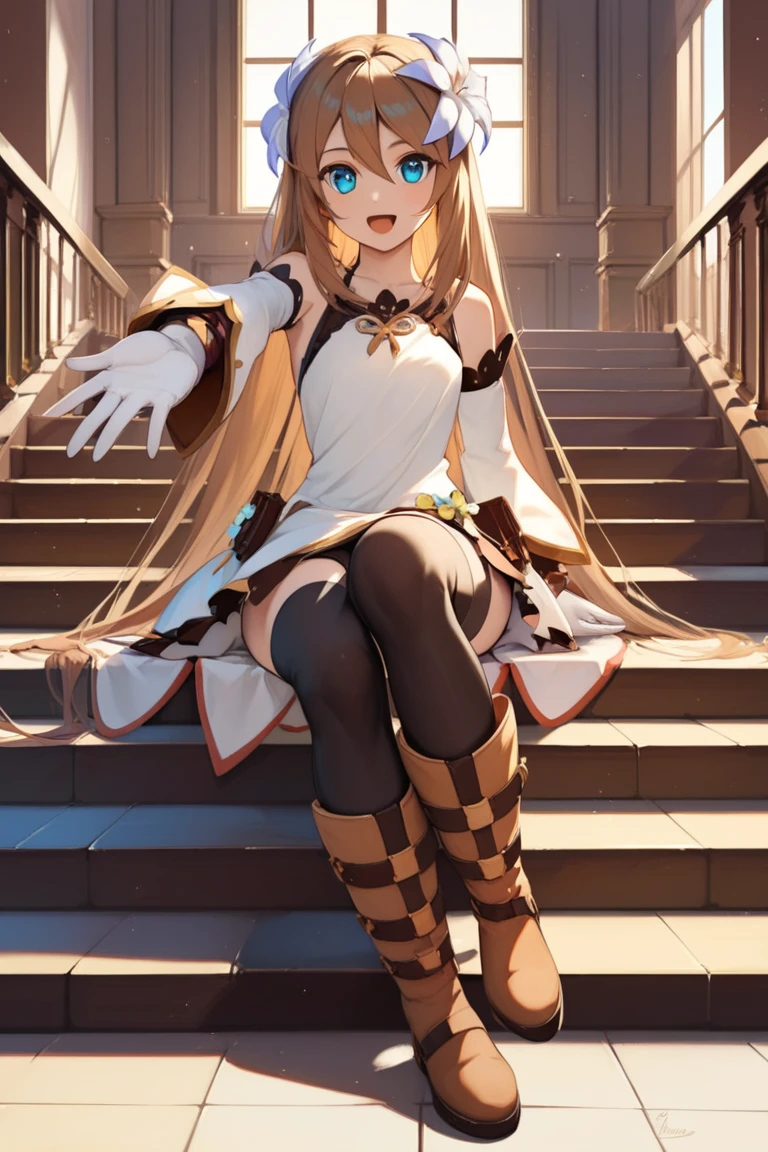 score_9, score_8_up, score_7_up, very aesthetic, source_anime, detailed, high quality, beautiful, masterpiece, detailed eyes,
indoor, stairs, light beams
<lora:lightXL:0.8>
sitting, looking at viewer, one hand reaching out, smile, open mouth, cowboy shot
<lora:marta_autismConfetti_v01:0.95>marta lualdi, blue eyes, brown hair, long hair, dress, hair ornament, hair between eyes, detached sleeves, knee boots, hair flower, white gloves, miniskirt, black thighhighs,, zPDXL