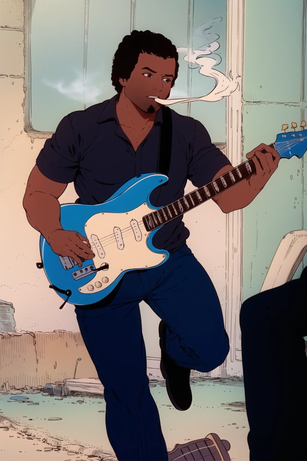 HeavyMetal1981 style, retro artstyle <lora:HeavyMetalStyle:0.7> 1boy, (dark-skinned male, black man, dark skin:1.3), musician, holding electric guitar, es-335 guitar, hollow body guitar, (blue smoking:1.4), playing guitar, black pants