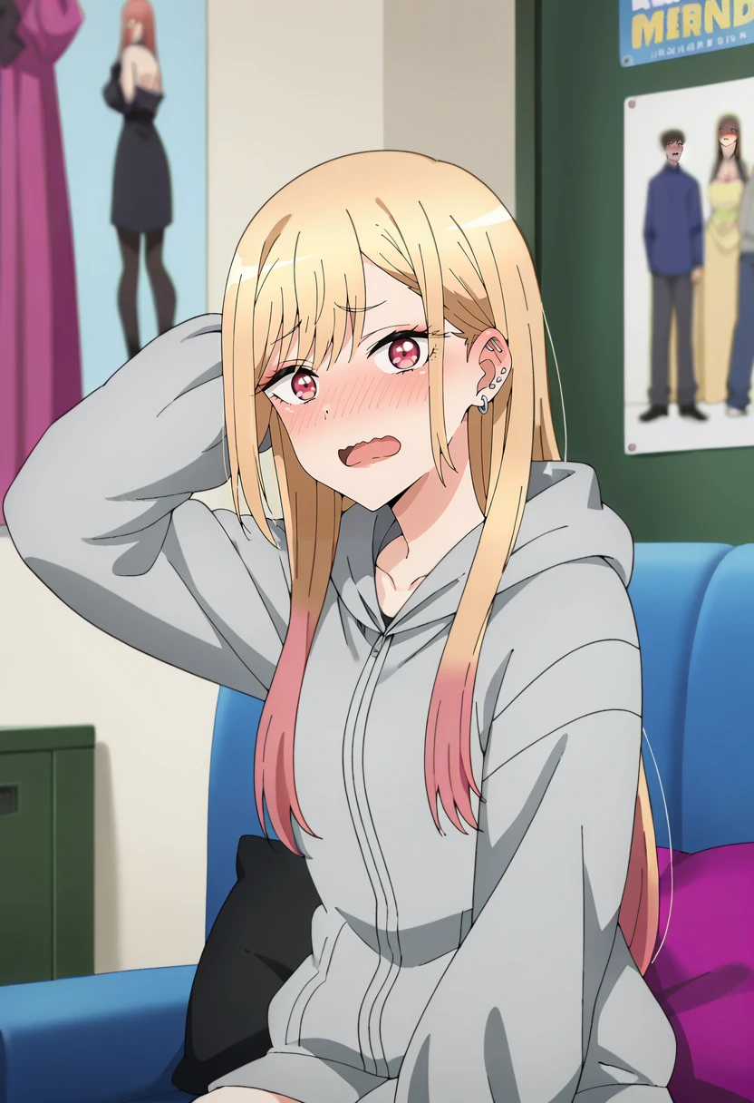 score_9, score_8_up, score_7_up, source_anime,
<lora:SonoBisqueDoll_KitagawaMarinXL:0.8>, KitagawaMarin,
1girl, open mouth, wavy mouth, nose blush,
multicolored hair, blonde hair, long hair, magenta eyes, ear piercing, earrings, pink nails, makeup,
MarinHoodie, grey hoodie, long sleeves, sleeves past wrists,
sitting, looking at viewer, arm behind head,
indoors, poster (object), blurry background