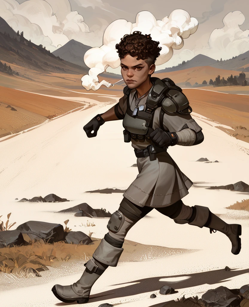 score_9,score_8_up,score_7_up,score_6_up,
BangaloreXL,brown eyes,
short curly hair,gloves,underpants,boots,skirt,
running,from side,
tactical armor,grey tunic,black gloves,shoulder armor,dog tags,looking at viewer,
smoke trail in background,plains,<lora:Bangalore:1>,