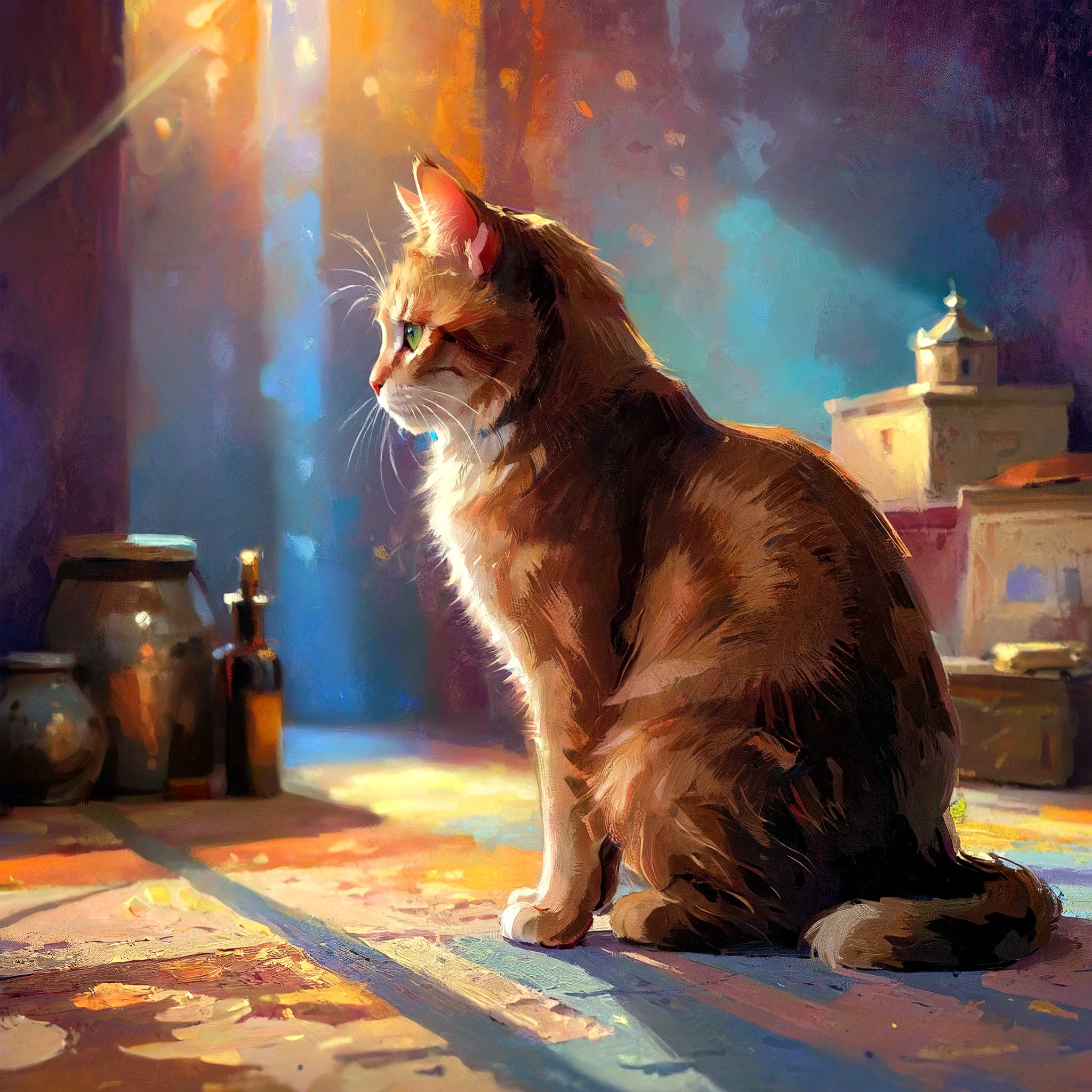 cat, painterly style , colorful background, concept art, dramatic lighting,, intricate, render, smooth, studio lighting, trending on artstation., cinematic raw, rich, intricate details, key visual, atmospheric lighting,professional