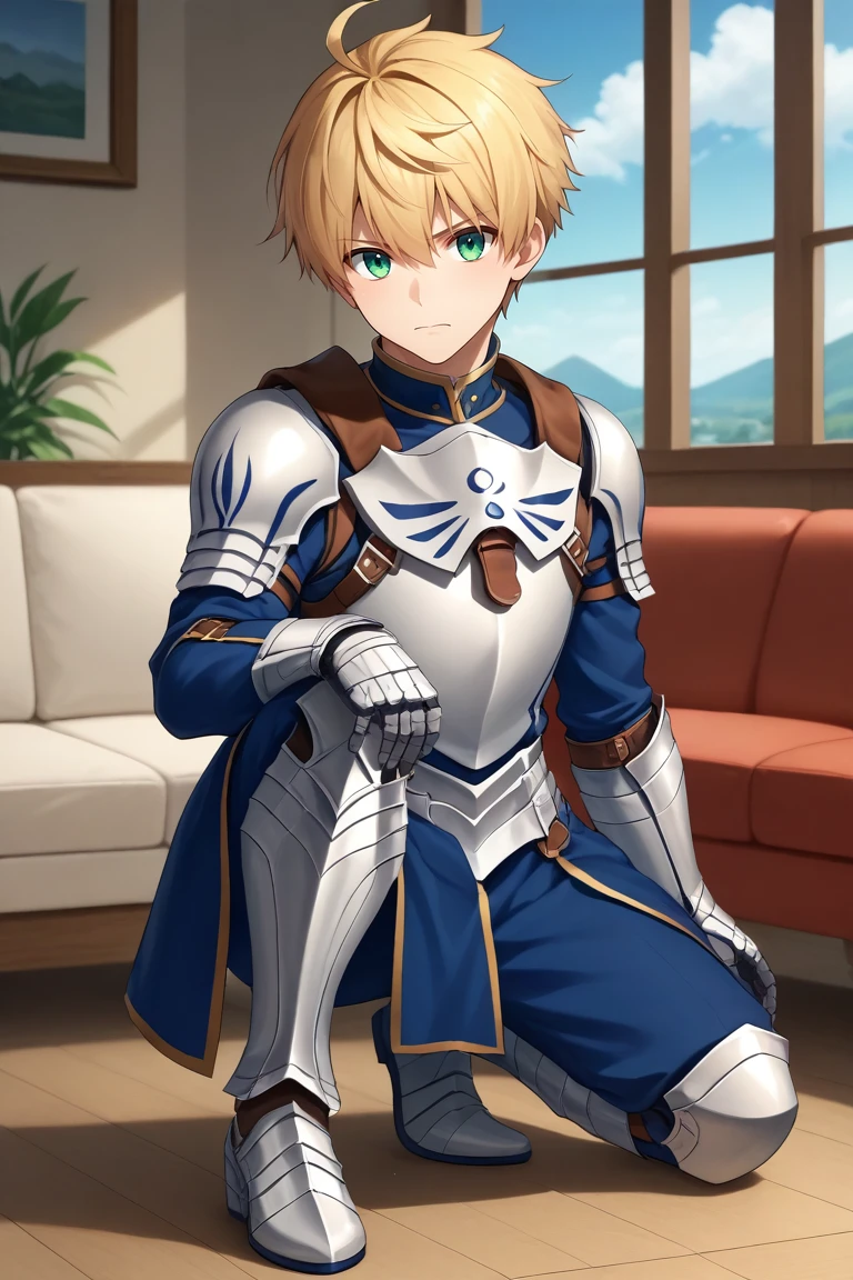 score_9, score_8_up, score_7_up, source_anime, rating_safe, , semi-realistic, looking at viewer, depth of field, 1boy, solo, male focus, <lora:arthur_pendragon_fate_pony:0.86>, arthur_pendragon_fate, blonde hair, green eyes, short hair, ahoge, hair between eyes, bangs, armor, breastplate, gauntlets, pauldrons, , full body, living room, couch, day, clouds, (dynamic pose), wavy mouth, closed mouth, ranger costume, <lora:sdxl_lightning_8step_lora:1>