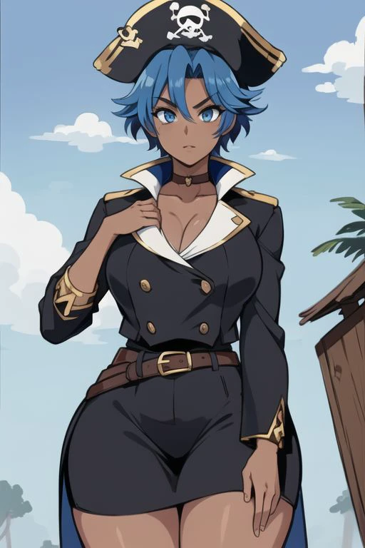 1GIRL, LARGE BREASTS, PIRATE, SOLO, BLUE HAIR, BLUE EYES,PIRATE HAT, CLEAVAGE, DARK SKIN, DARK-SKINNED, FEMALE, THICC THIGHS