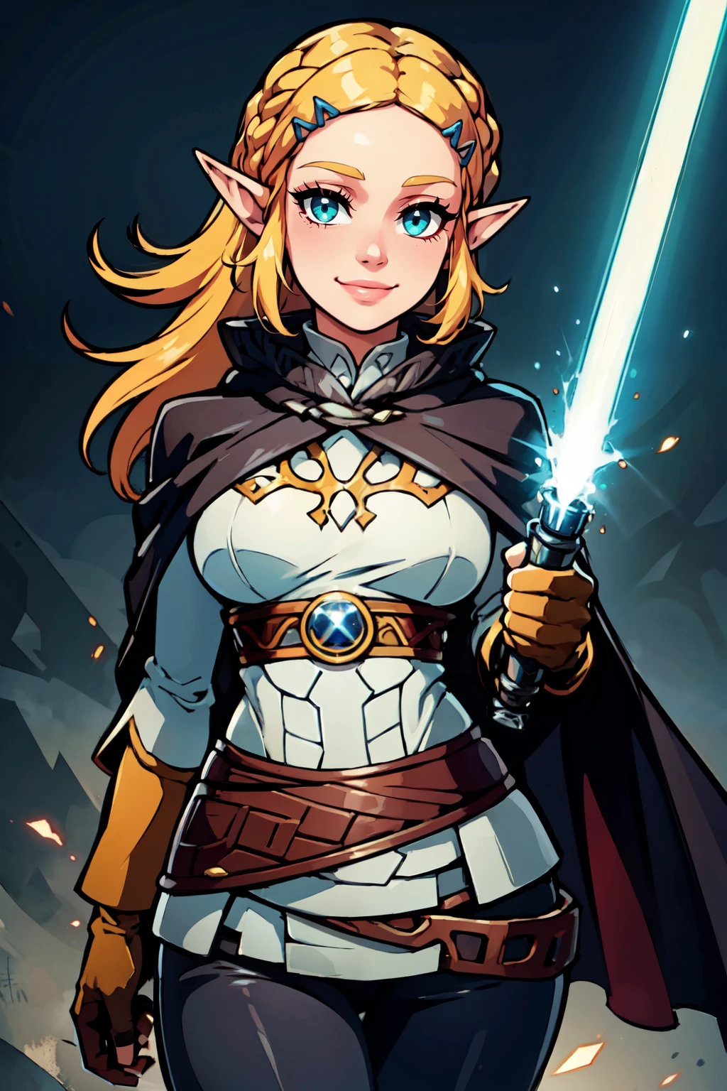 ((masterpiece, best quality)), absurdres,    ,<lora:LightSaber:0.8>, zzLightSaber, gloves,  elbow gloves, belt,  cape,     (curvy), cute, eyelashes,    aazelda, (long hair), crown braid, hairclip, pointy ears, tight pants, looking at viewer, <lora:zelda_1:0.7>, smile, cowboy shot,