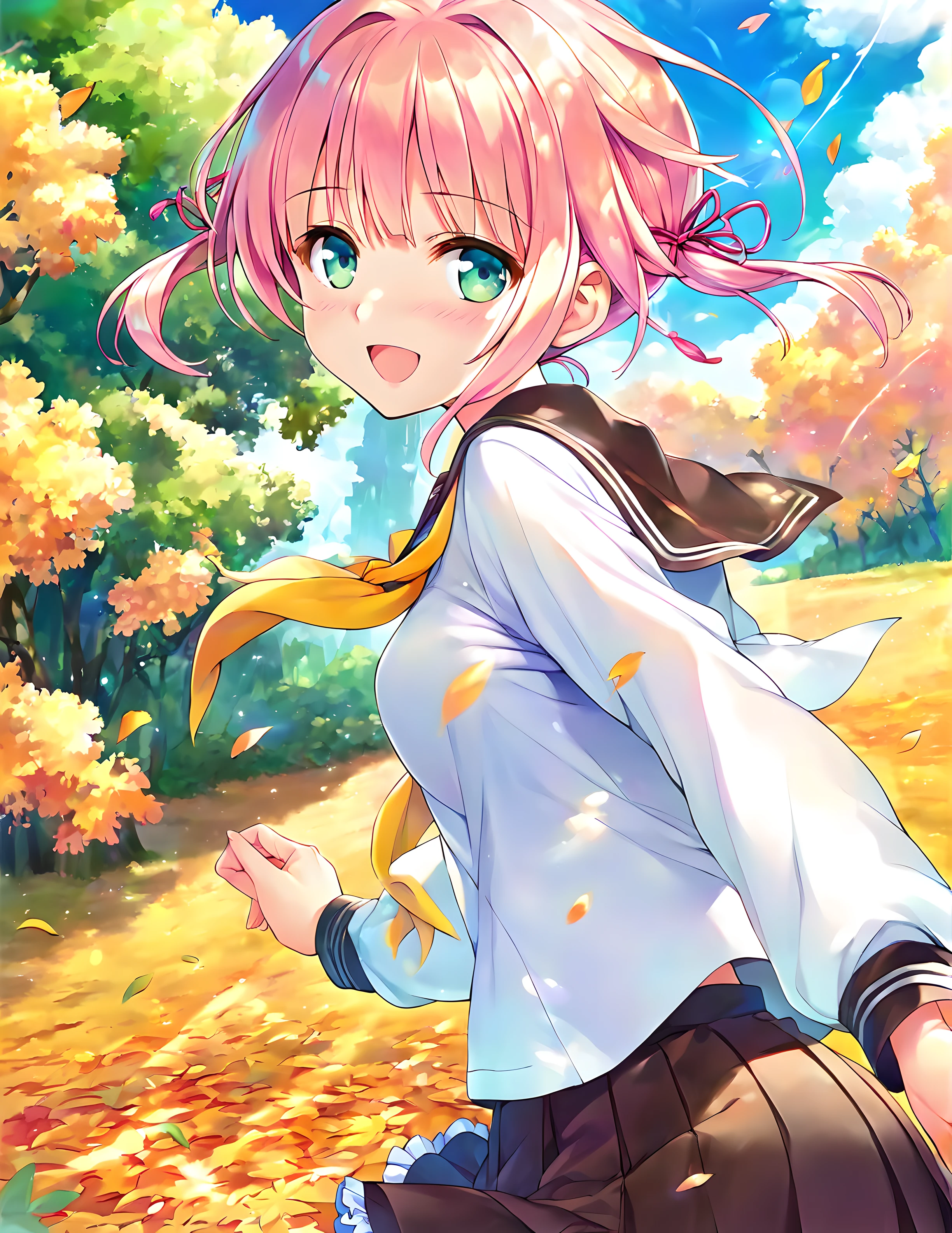 <lora:pony_xl_chris:0.8>,chris,score_9,score_8_up,score_7_up,source_anime,1girl,solo,looking at viewer,blush,smile,:d,open mouth,nature,sky,blue sky,Cumulonimbus,day,spreading sky,refreshing wind,the sunlight streaming through the leaves of the trees,strong rim light,sunny weather writing,lens_flare,hair fluttering in the wind,hair_flaps,school uniform,serafuku,brown sailor collar,black sailor collar,sailor collar,long sleeves,yellow neckerchief,white shirt,pleated skirt,frilled skirt,brown skirt,black skirt,