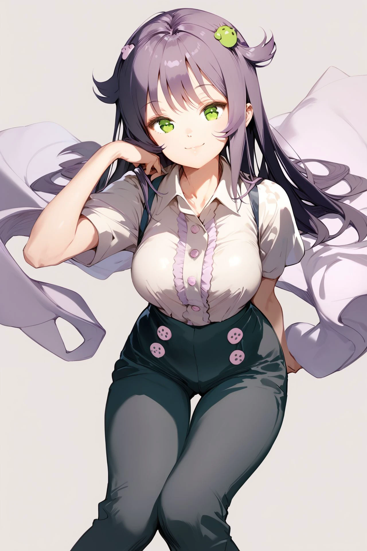 score_9, score_8_up, score_7_up, 1girl, light_smile, looking at viewer, dark_purple hair, textured_bangs, hair_flaps, light_green eyes, large breasts, pants, large buttons, knees apart feet together, paw_print_background, <lora:Anmi_PonyXL_style_v01:1>