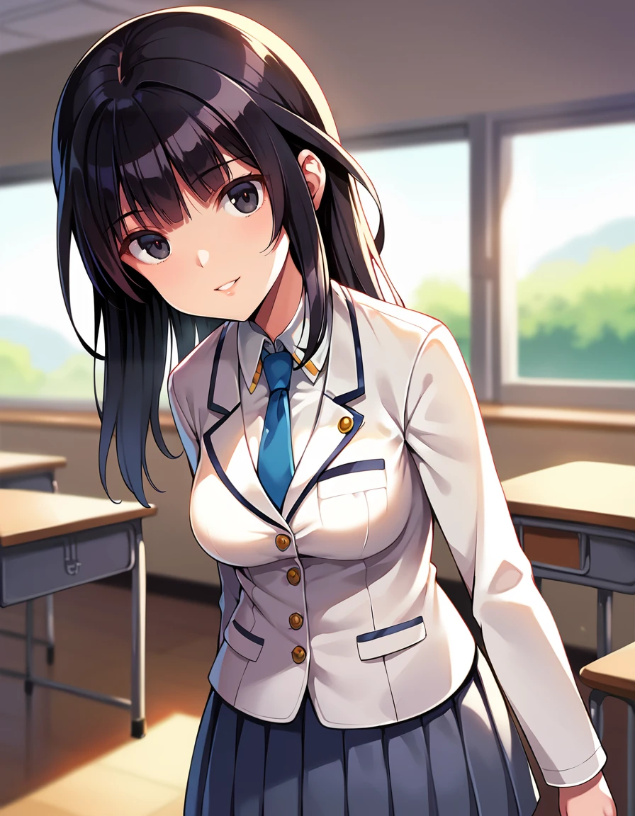 score_9, score_8_up, score_7_up, source_anime,
cinematic, dramatic, blurry background, depth of field,
1girl, solo, smile, parted lips, in classroom, looking at viewer,
<lora:AgatsumaKaede_pony_V1:0.9>
agtmked, long hair, black hair, blunt bangs, black eyes, medium breasts,
school uniform, bleazer, white jacket, long sleeves, shirt, blue necktie, pleated skirt, grey skirt, miniskirt, black pantyhose,