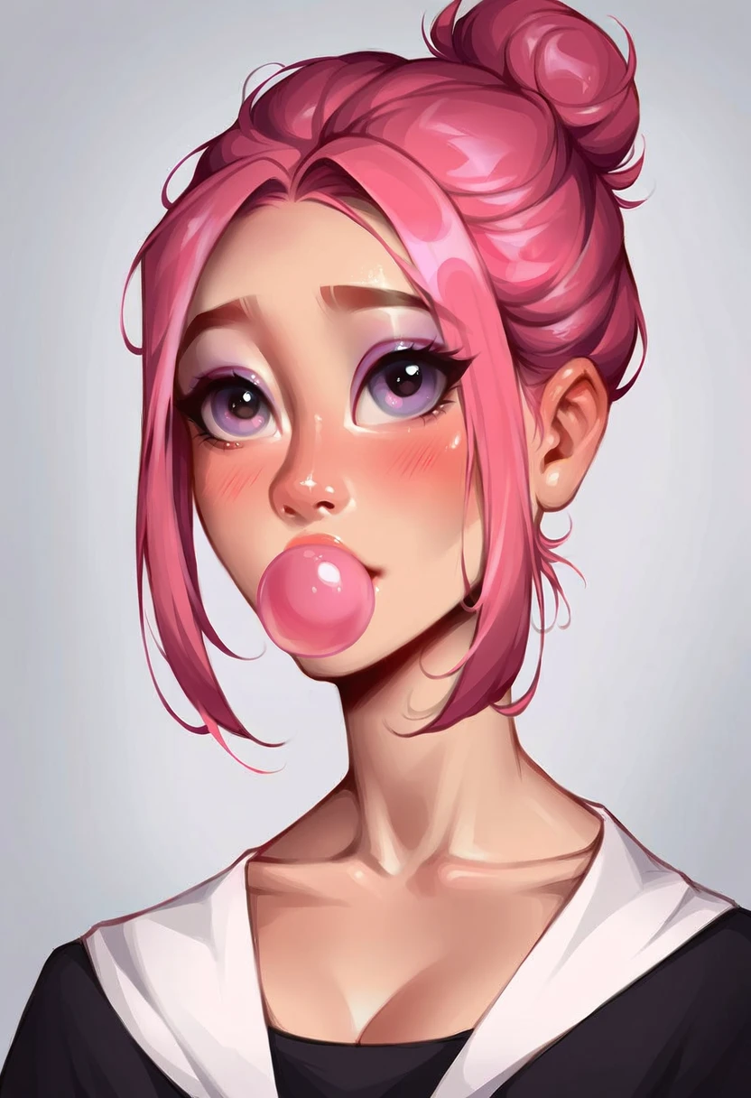 very beautiful and aesthetic, raw photo, realistic, score_9, score_8_up, score_7_up, score_6, score_5, score_4, rating_safe, dark theme, 1girl, A young Asian woman with chin-length, bubblegum pink hair styled in a messy bob fills the frame. Her large, round eyes sparkle with curiosity, their irises a gradient of lavender and indigo. Wispy strands of hair escape the loose bun, framing a face dusted with a soft peach blush. Light catches the high points of her cheekbones, casting a dramatic shadow across her jawline.
