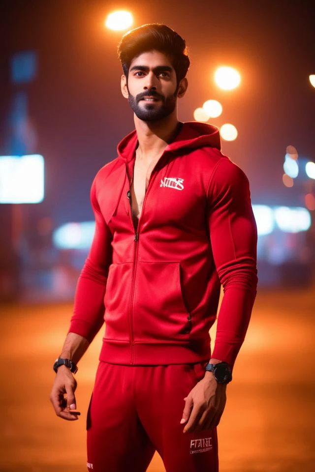 Sacha Dhawan a man <lora:Rishabh-Jaiswal_Sacha-Dhawan:0.75>, realistic photo in a worn ((red tracksuit, massive hairy pecs)), ((light bokeh)), intricate, (steel metal [rust]), elegant, sharp focus, photo by greg rutkowski, soft lighting, vibrant colors, (masterpiece), ((streets)), (detailed face), looking at viewer, light smile, night, walking towards viewer, cinematic lighting, beautiful lighting, cinematic lighting, (hazy filter, film grain:1.2)