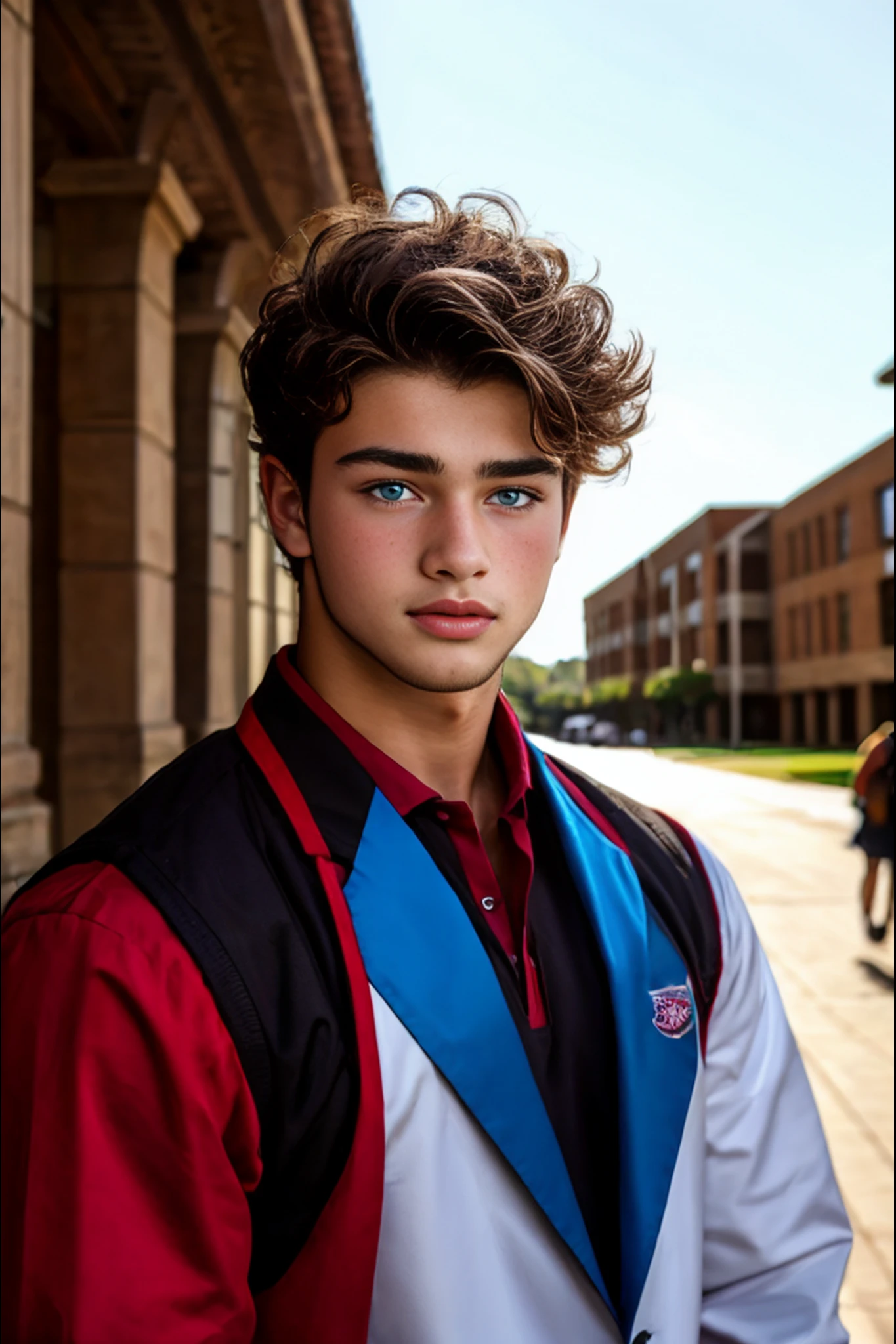 <lora:Adam:1> 1boy, handsome, dark hair, bright eyes, nice clothes, background: College campus, portrait