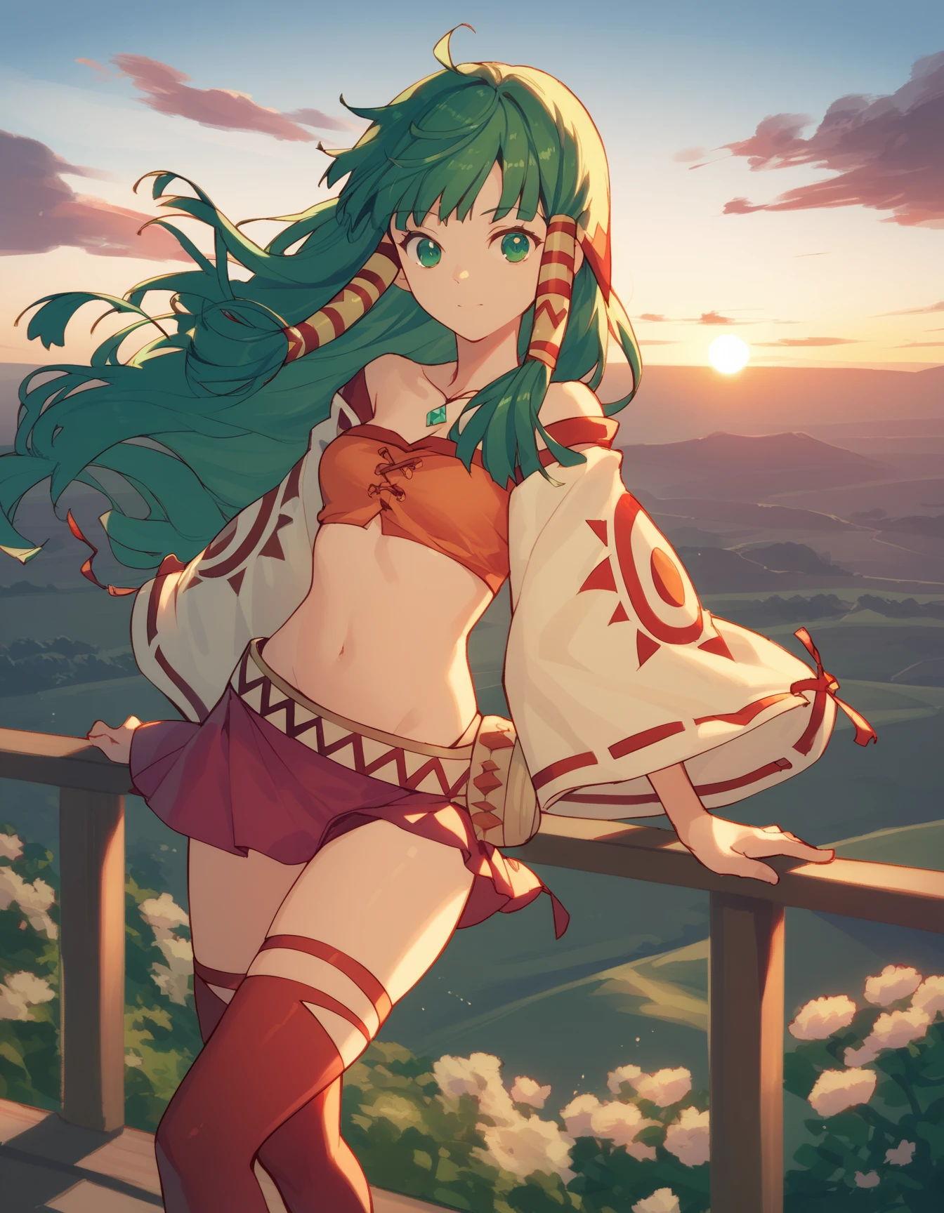 score_9,  score_8_up, score_7_up <lora:feena-ponyxl-000040:1> feena, green hair, hair tubes, wide sleeves, bandeau, microskirt, red legwear,
 sunset, dusk, scenery, high place, horizon, wind, flowerbed, looking at viewer, bokeh