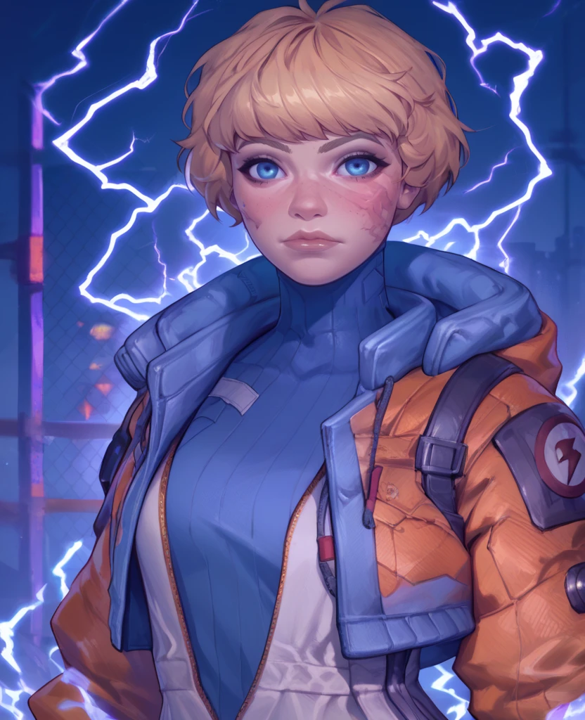 score_9,score_8_up,score_7_up,score_6_up,
wattsonxl,bangs,blue eyes,scar on face,
looking at viewer, 
turtleneck,white Jumpsuit,orange jacket,
standing,upper body,
cyberpunk,electricity,electric fence,<lora:wattson:1>,