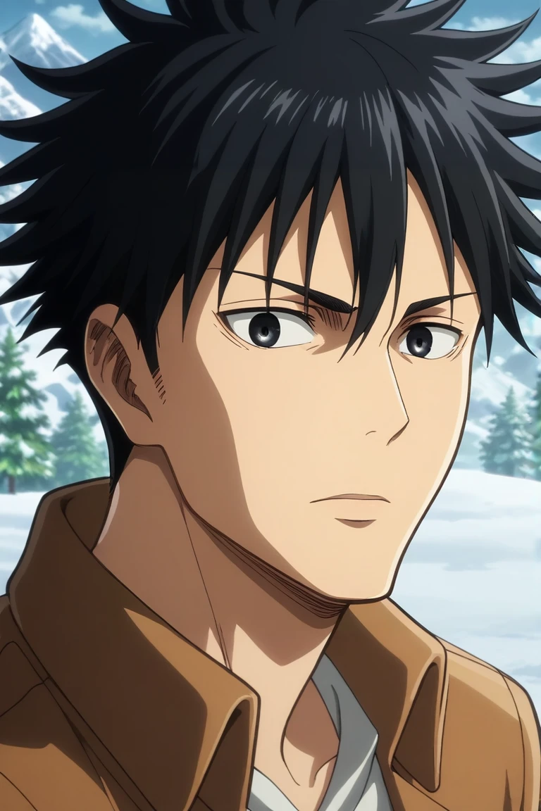 score_9, score_8_up, score_7_up, source_anime, rating_safe, intricate details, anime screencap, anime coloring, official style, looking at viewer, , 1boy, male focus, <lora:megumi_fushiguro_pony:0.54>, megumi_fushiguro, black hair, black eyes, spiked hair, short hair, bangs, hair between eyes, solo, symmetry, snowy mountain, dawn, knees up, nervous, <lora:shingeki_no_kyojin_style_pony:1>, shingeki_no_kyojin_style, <lora:sdxl_lightning_8step_lora:1>