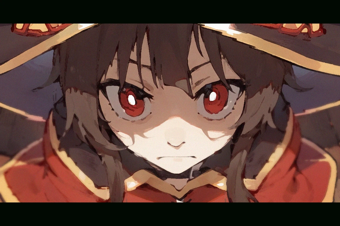 <lora:insanity-angle:1>, score_9, score_8_up, score_7_up, insanity-angle, 1girl, letterboxed, megumin, red eyes, red dress, witch hat, brown hair, short hair, messy hair,