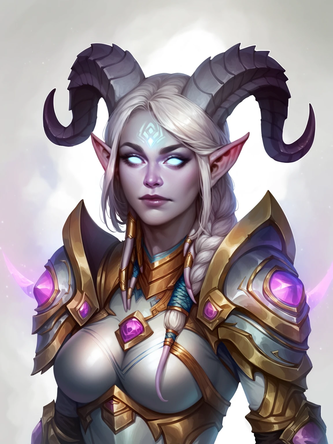 score_8_up, score_7_up, portrait of beautiful lightforged draenei paladin girl, long white hair, single braid, heavy armor with purple gems, big shoulder pads, grey skin, ornate horns, glowing rune on forehead, big breasts, fantasy,  <lora:sxz-iromonik-smol-pdxl:0.8> irmnk style, realistic