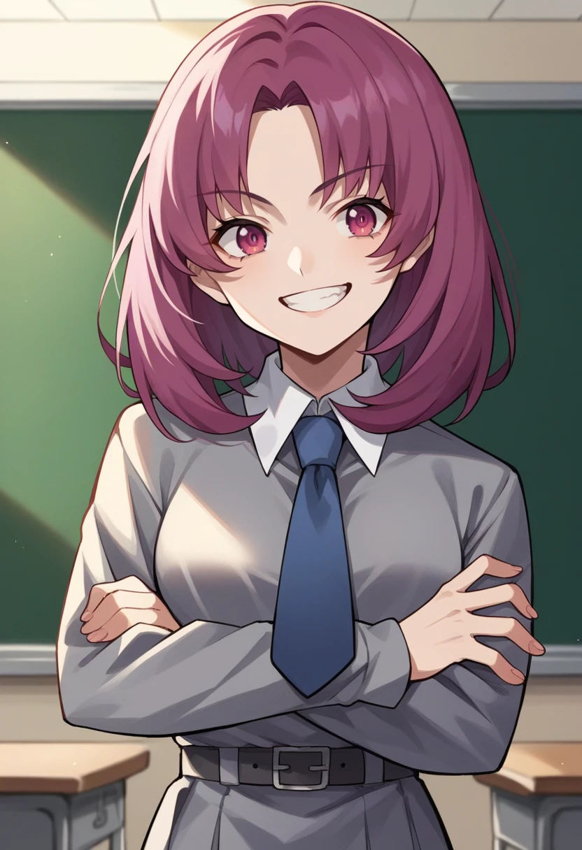 score_9, score_8_up, score_7_up, source_anime BREAK 1girl, solo, <lora:zs_ChisatoXL:1> chisatop1, magenta hair, parted bangs, medium hair, magenta eyes, grey dress, white collar, blue necktie, long sleeves, grey belt, school classroom, dark lighting, assertive female, grin, arms crossed, cowboy shot
