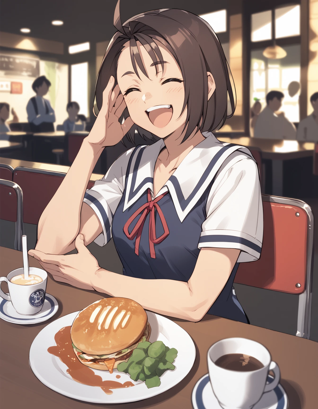 score_9, score_8_up, score_7_up <lora:kazama-akira-ponyxl-000013:1> rskzm, serafuku, blue vest,
laughing, cafe