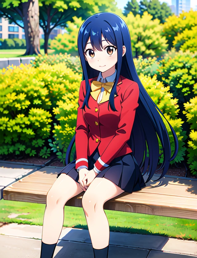 <lora:Marvell:.7>wendy marvell, school in background, sitting on bench