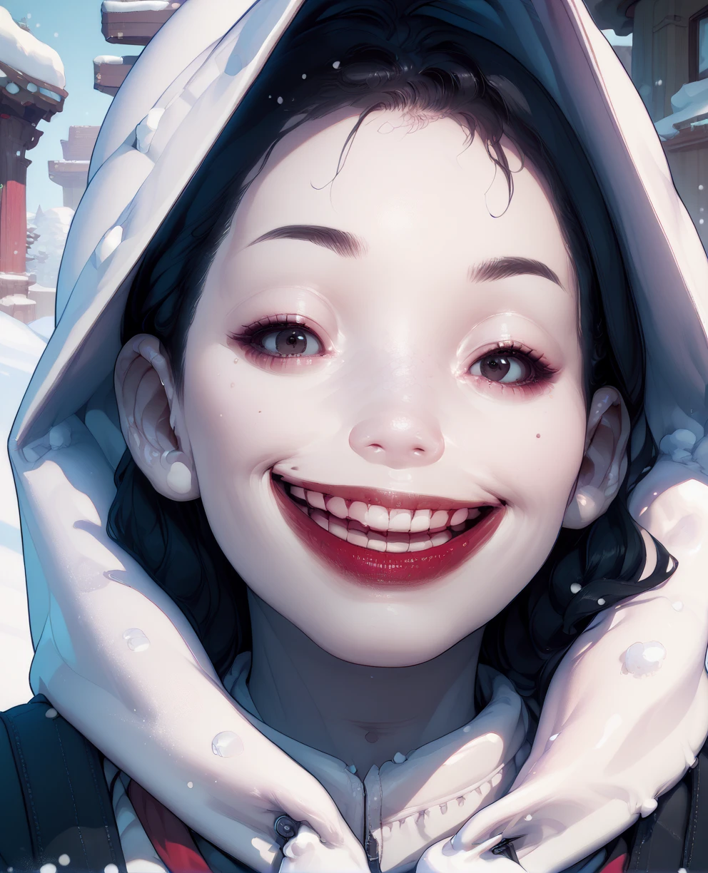 score_9,score_8_up,score_7_up,score_6_up,
flboltxl,pale skin,black hair,red lips,open mouth,
hood,no_eyes,
close up,smile,
snow,temple,<lora:FlyingBolt:1>,