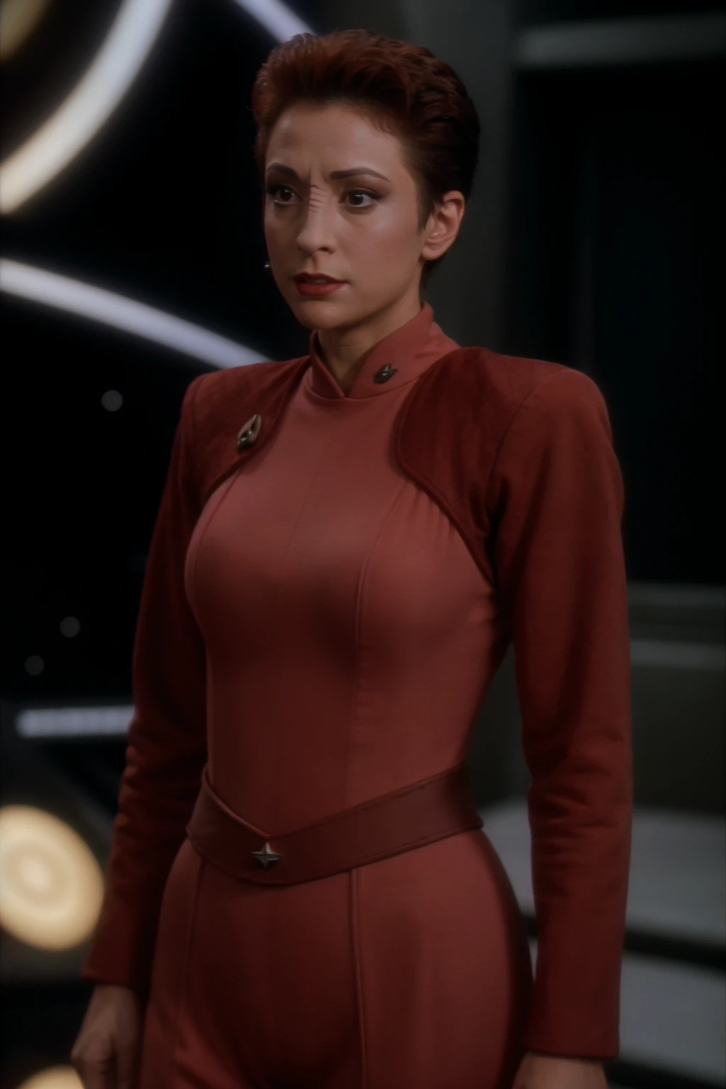 portrait of a woman, kiranerys, ds9background, dslr, raw photo,  tack sharp focus, ultra realistic, 8k,high quality, wearing a reduniform <lora:kiranerys:0.9>