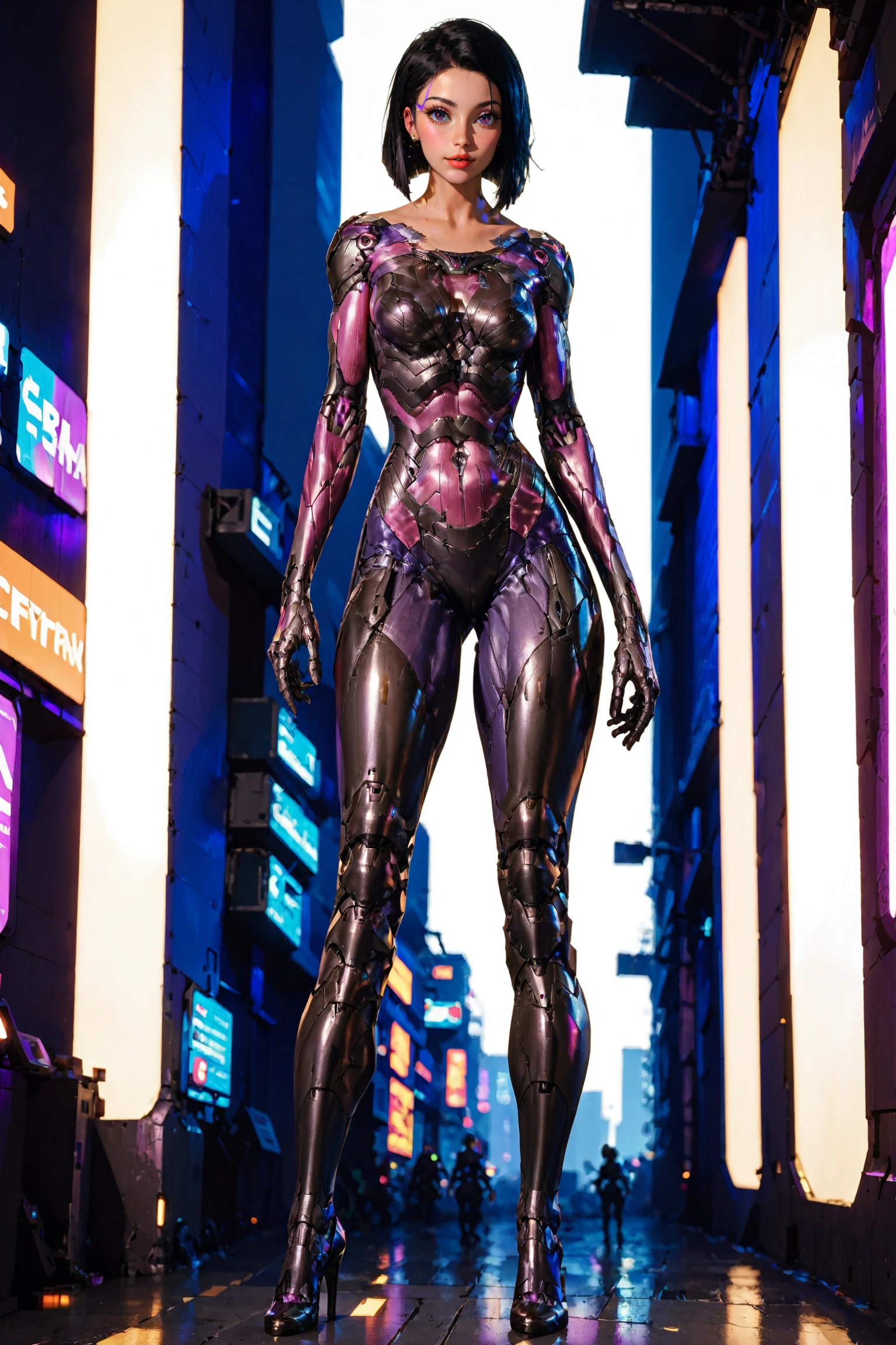 1girl, cyborg, high heels, stand, full body, cyberpunk, future city, Bob Cut, black hair, masterpiece, best quelity, 8k,score_9, score_8_up, score_7_up,
